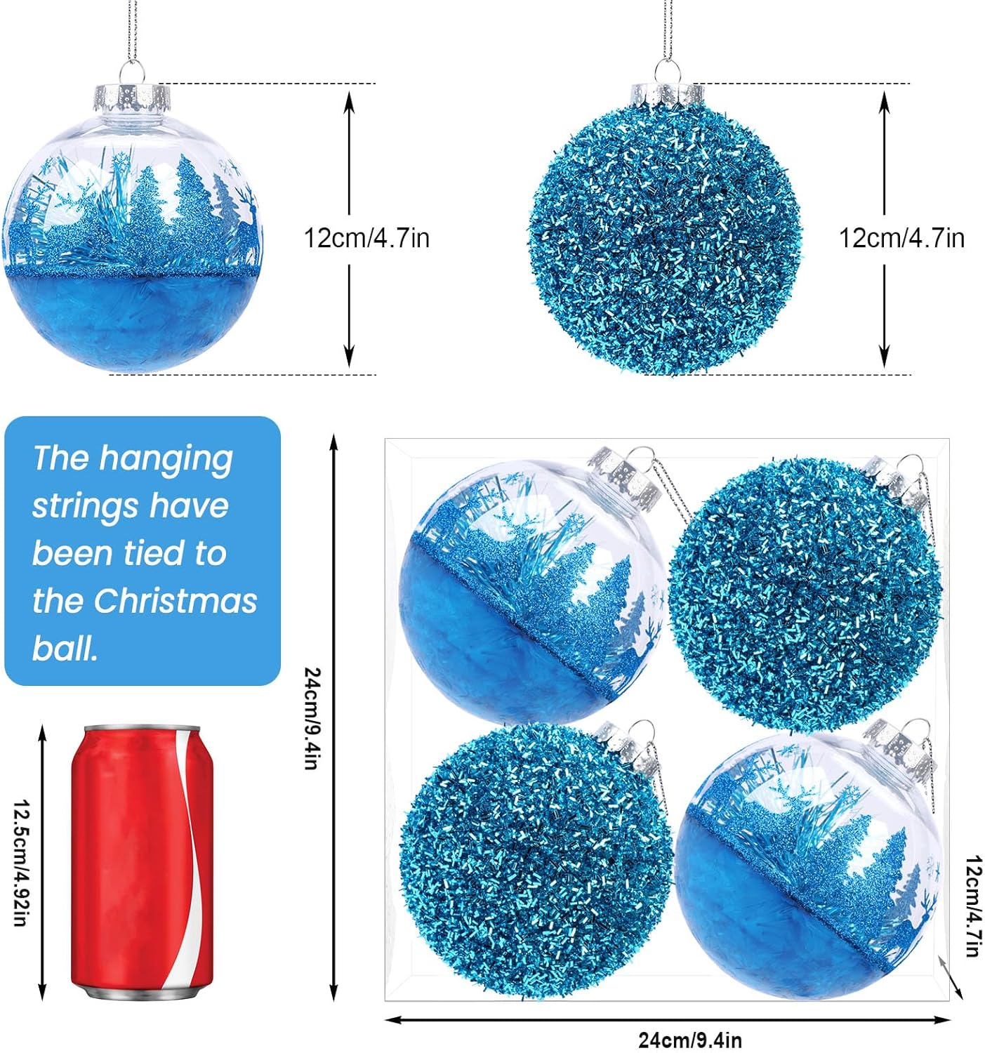 SHareconn 120mm/4.72" Large Christmas Balls Ornaments for Christmas Tree, 4 Pcs Shatterproof Plastic Baubles Blue Christmas Decorations for Xmas Tree Decor Holiday Party with Hanging Strings, Blue - SHareconn