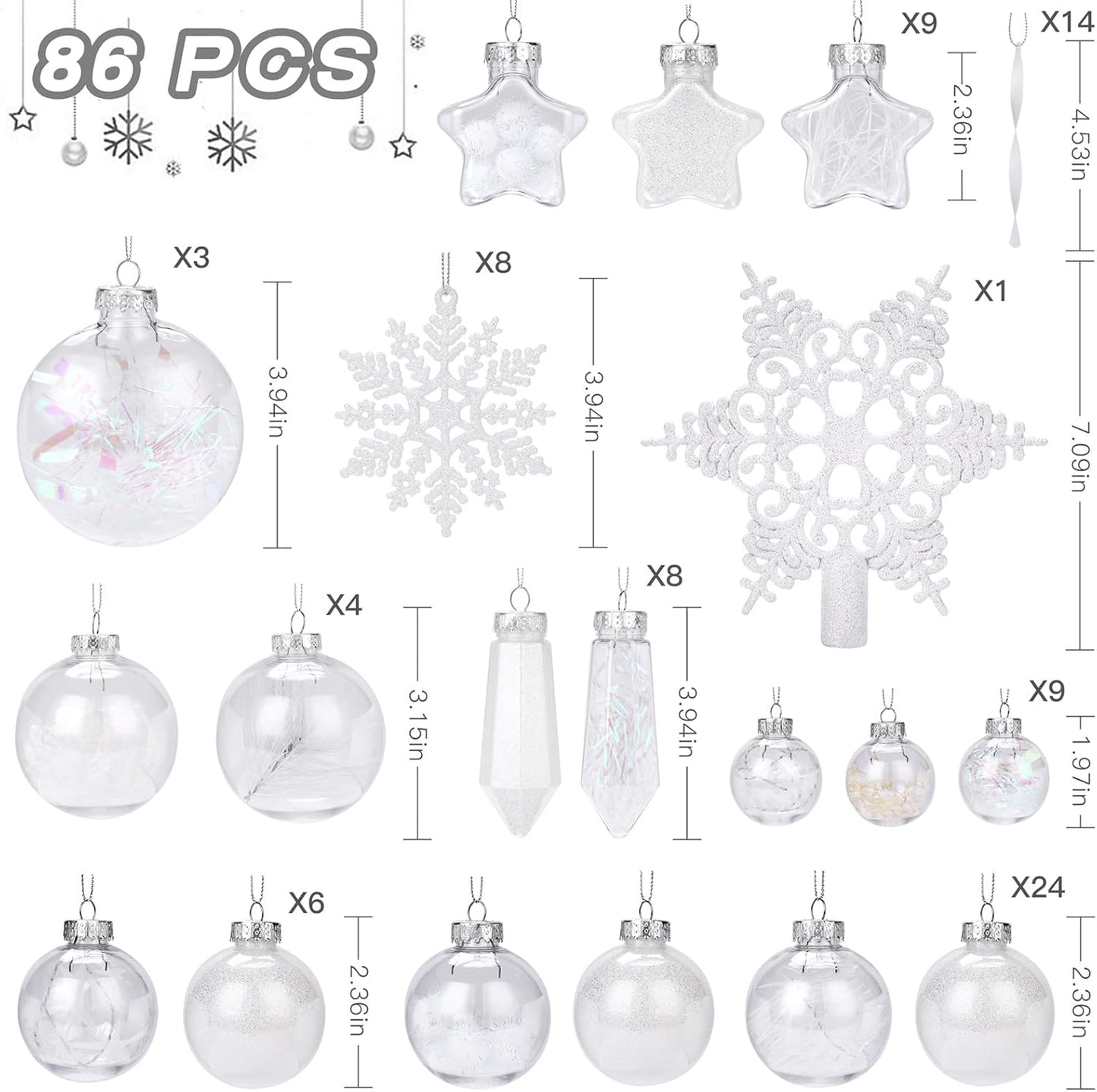 86pcs Shatterproof Plastic Clear Christmas Balls Ornaments Set - SHareconn