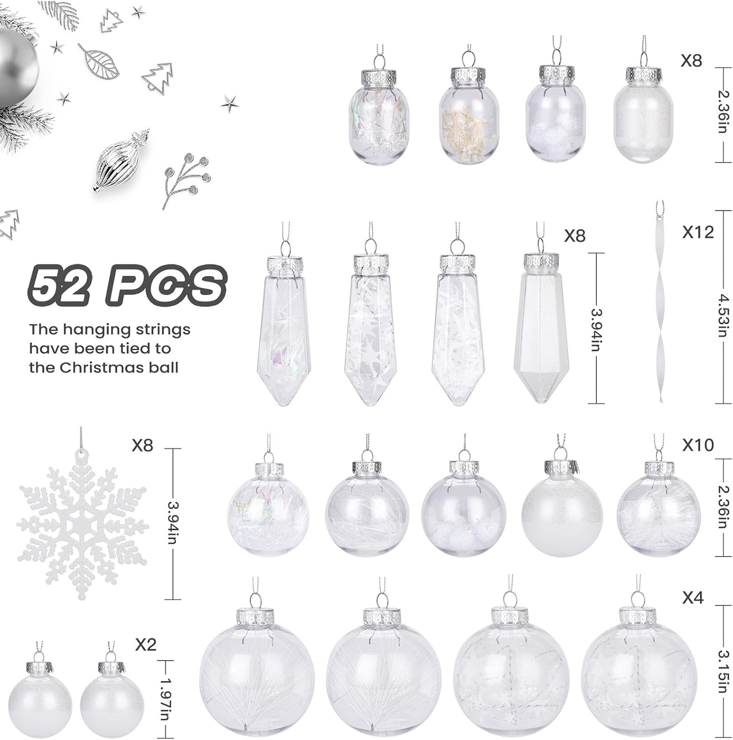 52pcs Clear Shatterproof Plastic Christmas Balls Ornaments Set - SHareconn