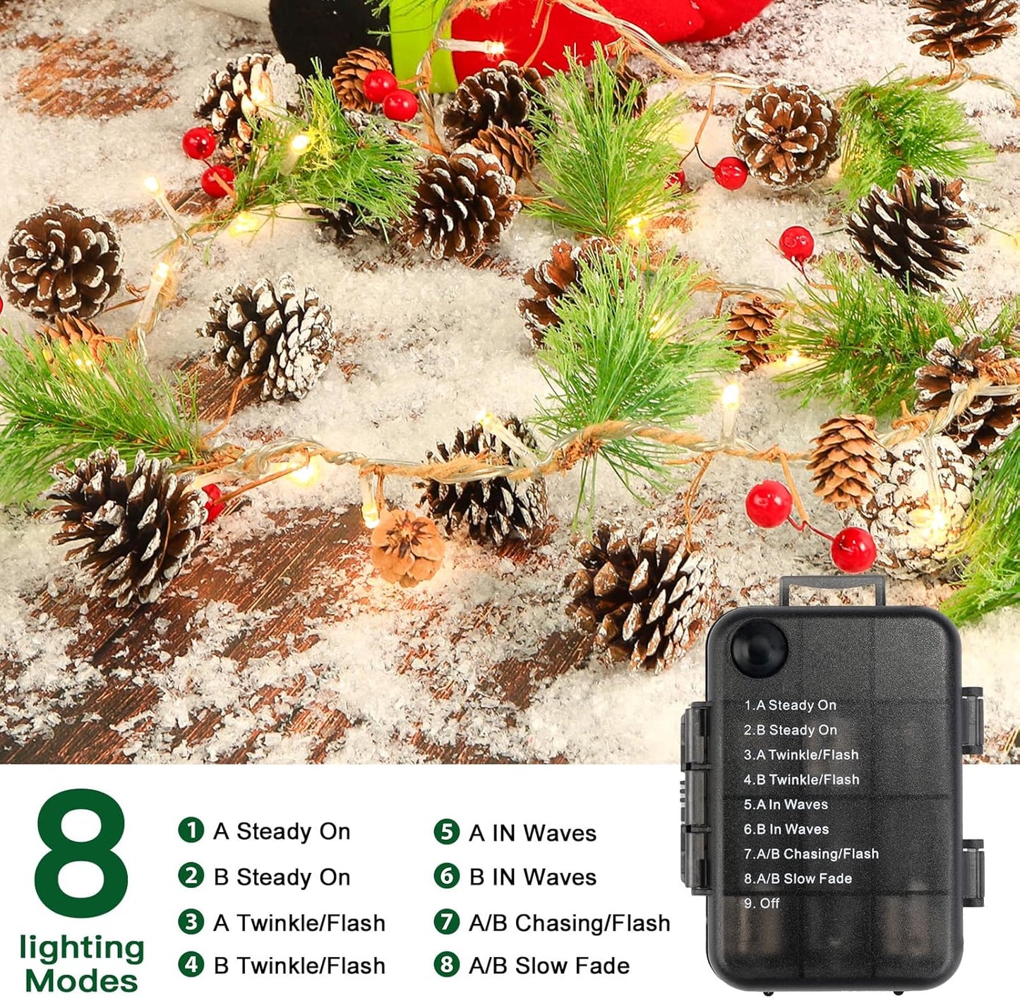 2PCS 6FT(2 * 180cm) Artificial Christmas Garland with Prelit Lights Snow Pine Cone&Red Berry - SHareconn