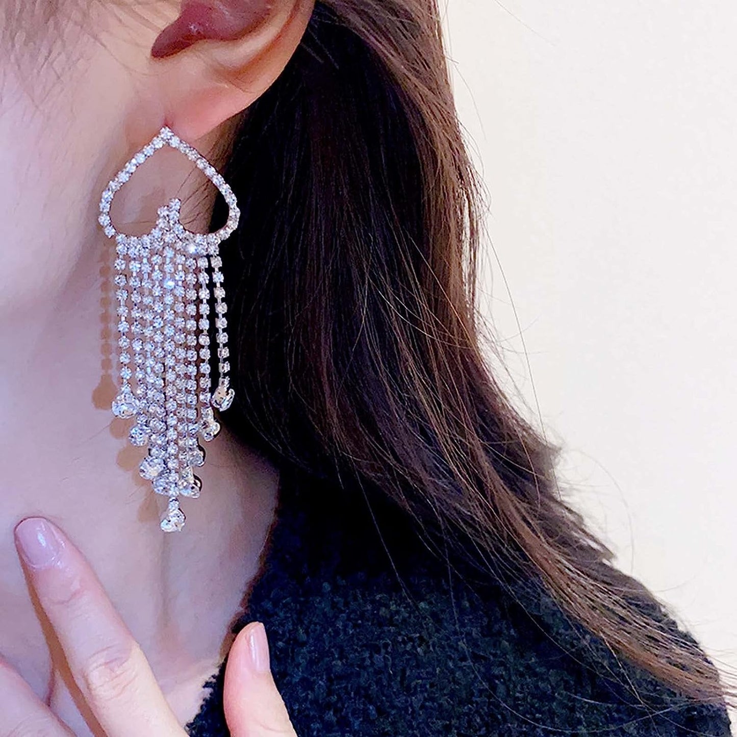Alupssuc Silver Heart Dangle Earrings for Women, Sparkling Rhinestone Crystal Tassel Earrings for Women Girls, Heart Earrings Dangling Jewelry Valentines Day/Mother's Day/Women Birthday Gift For Her