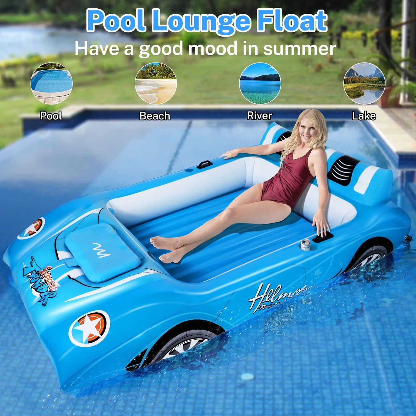 Alupssuc XL Inflatable Pool Floats Double Lounger Adult Size with Ice Bucket, 102" x 63" Extra Large and Thick Convertible Raft for Swimming Pool, Beach Tanning & Lake Floats with Headrest, Blue&White