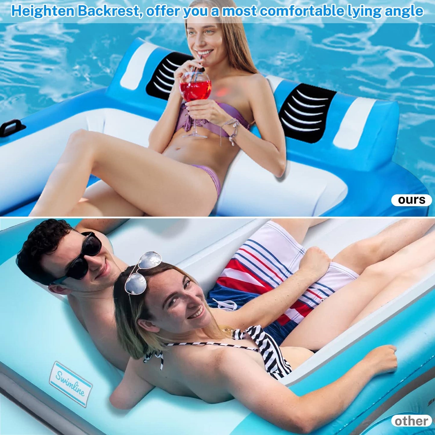 Alupssuc XL Inflatable Pool Floats Double Lounger Adult Size with Ice Bucket, 102" x 63" Extra Large and Thick Convertible Raft for Swimming Pool, Beach Tanning & Lake Floats with Headrest, Blue&White
