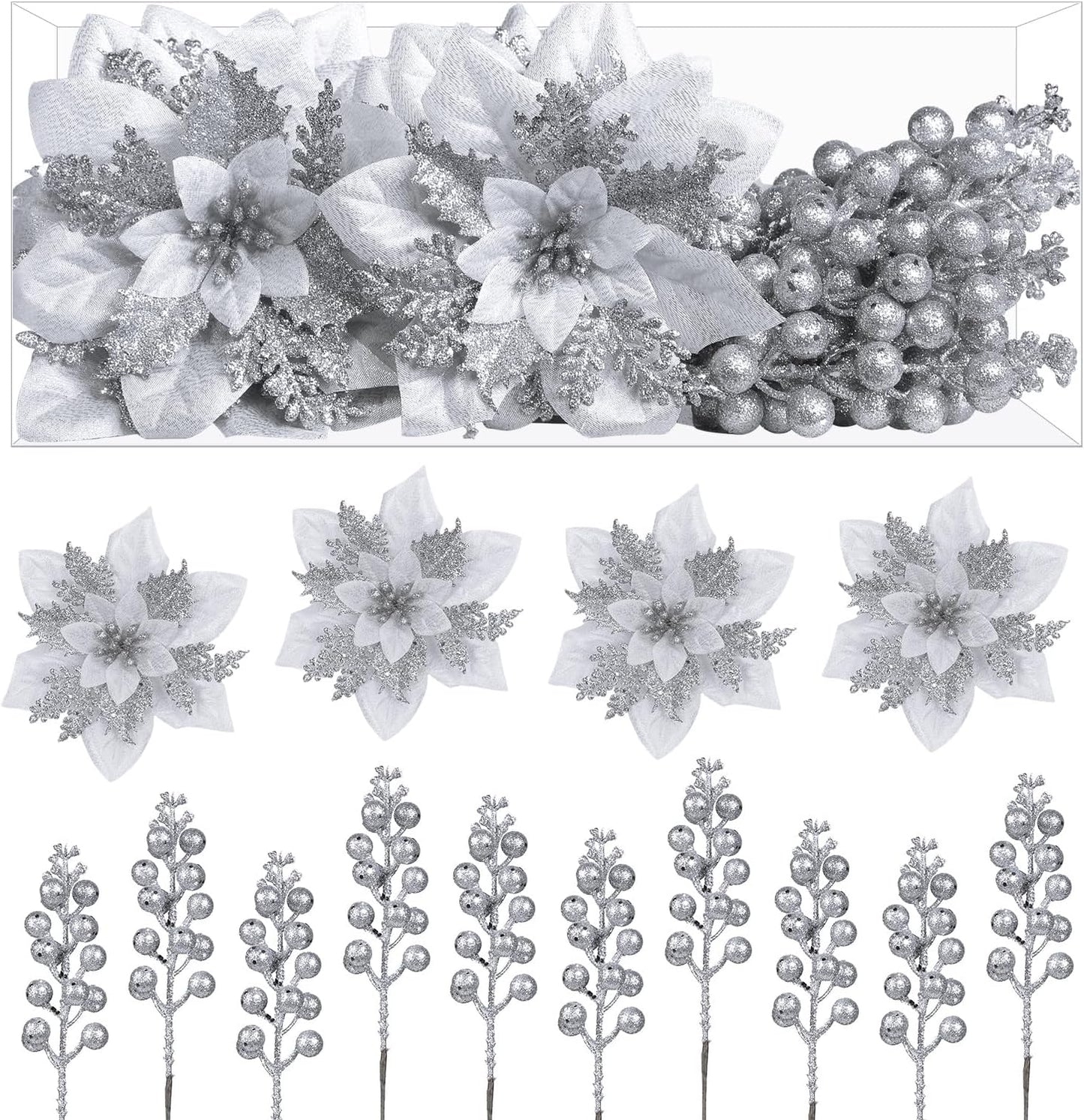 24 Pcs Christmas Tree Picks, Boxed 12Pcs Poinsettias Artificial Christmas Flowers+12Pcs Holly Berry Stems, Gold