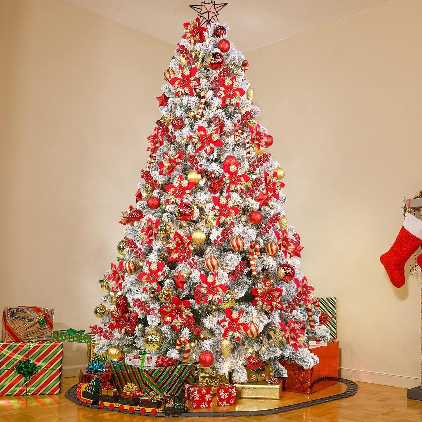 24 Pcs Christmas Tree Picks, Boxed 12Pcs Poinsettias Artificial Christmas Flowers+12Pcs Holly Berry Stems, Gold