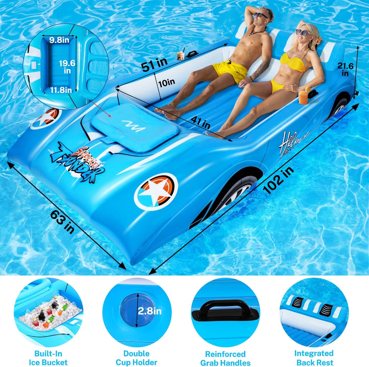 Alupssuc XL Inflatable Pool Floats Double Lounger Adult Size with Ice Bucket, 102" x 63" Extra Large and Thick Convertible Raft for Swimming Pool, Beach Tanning & Lake Floats with Headrest, Blue&White