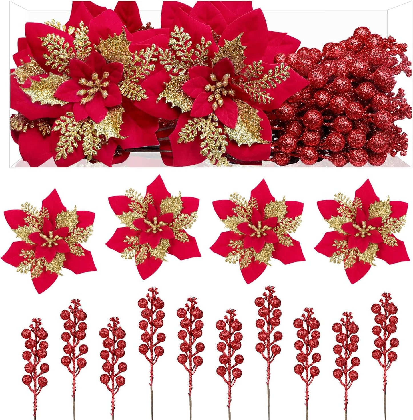 24 Pcs Christmas Tree Picks, Boxed 12Pcs Poinsettias Artificial Christmas Flowers+12Pcs Holly Berry Stems, Gold