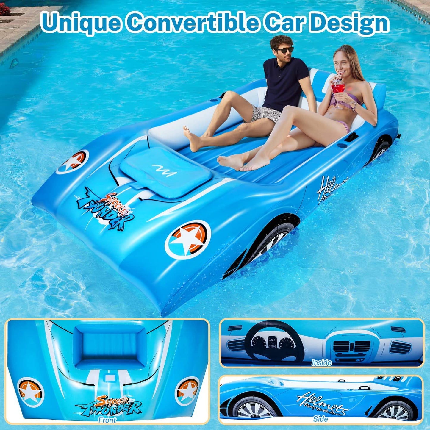 Alupssuc XL Inflatable Pool Floats Double Lounger Adult Size with Ice Bucket, 102" x 63" Extra Large and Thick Convertible Raft for Swimming Pool, Beach Tanning & Lake Floats with Headrest, Blue&White