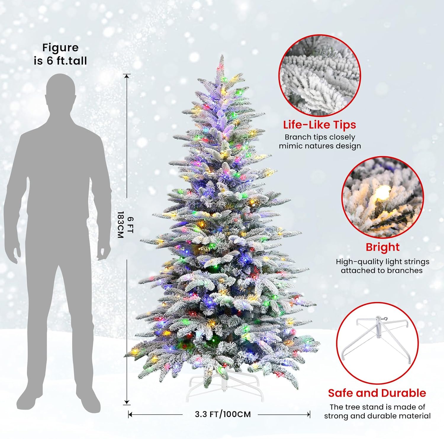 6ft Prelit Artificial Hinged Snow Flocked Christmas Tree