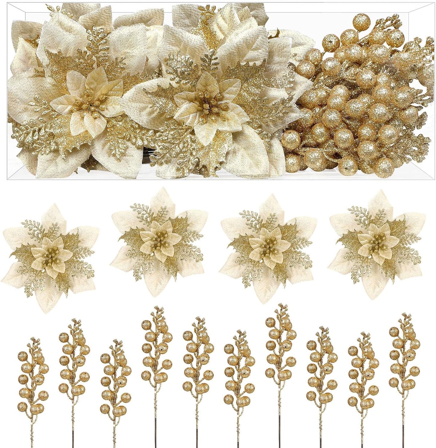 24 Pcs Christmas Tree Picks, Boxed 12Pcs Poinsettias Artificial Christmas Flowers+12Pcs Holly Berry Stems, Gold