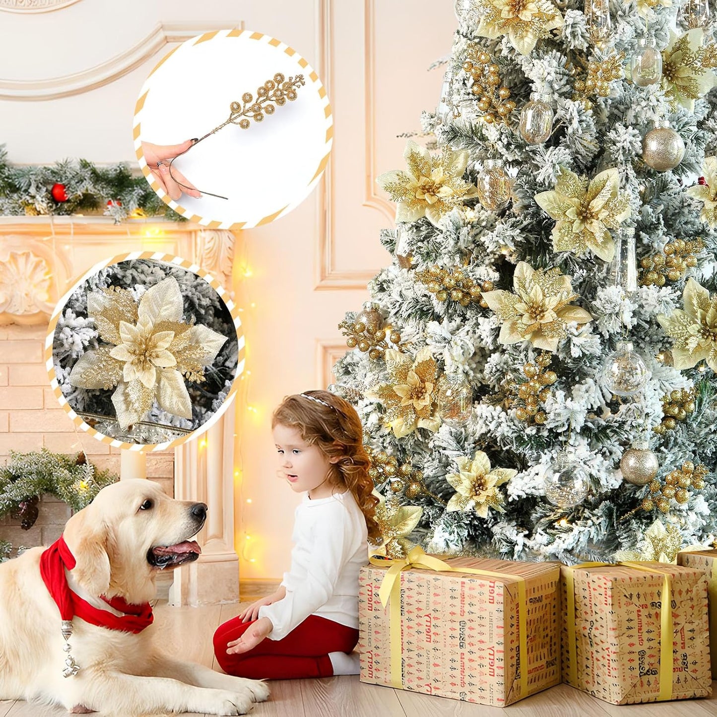 24 Pcs Christmas Tree Picks, Boxed 12Pcs Poinsettias Artificial Christmas Flowers+12Pcs Holly Berry Stems, Gold