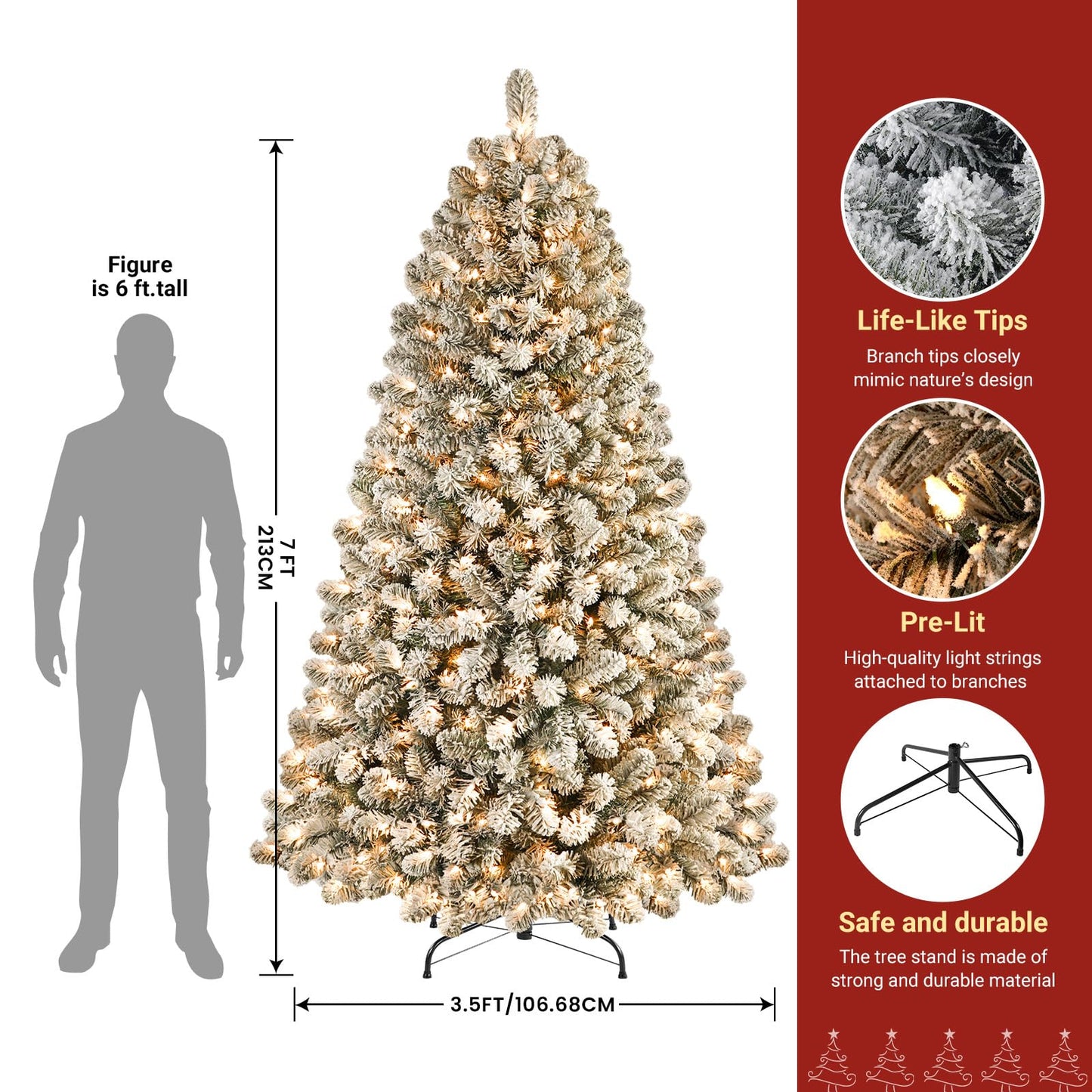 SHareconn 7ft Prelit Snow Flocked Artificial Holiday Christmas Tree with 350 Warm White Lights, Foldable Stand, Full Snow Branch Tips for Home, Office, Party Decoration, 7.5 FT, White - SHareconn