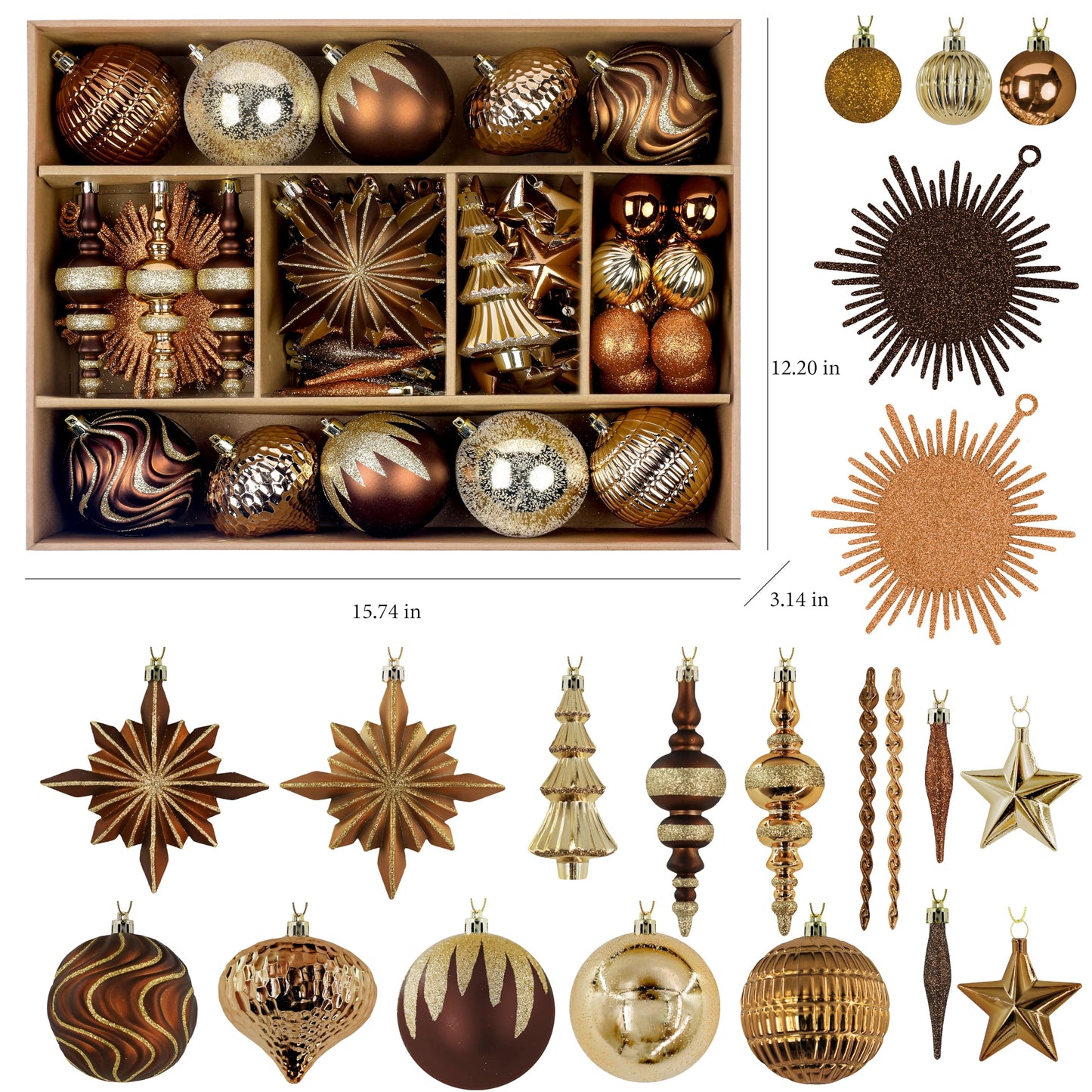 80pcs Bronze Copper Gold Christmas Balls Ornaments Set with Lanyards