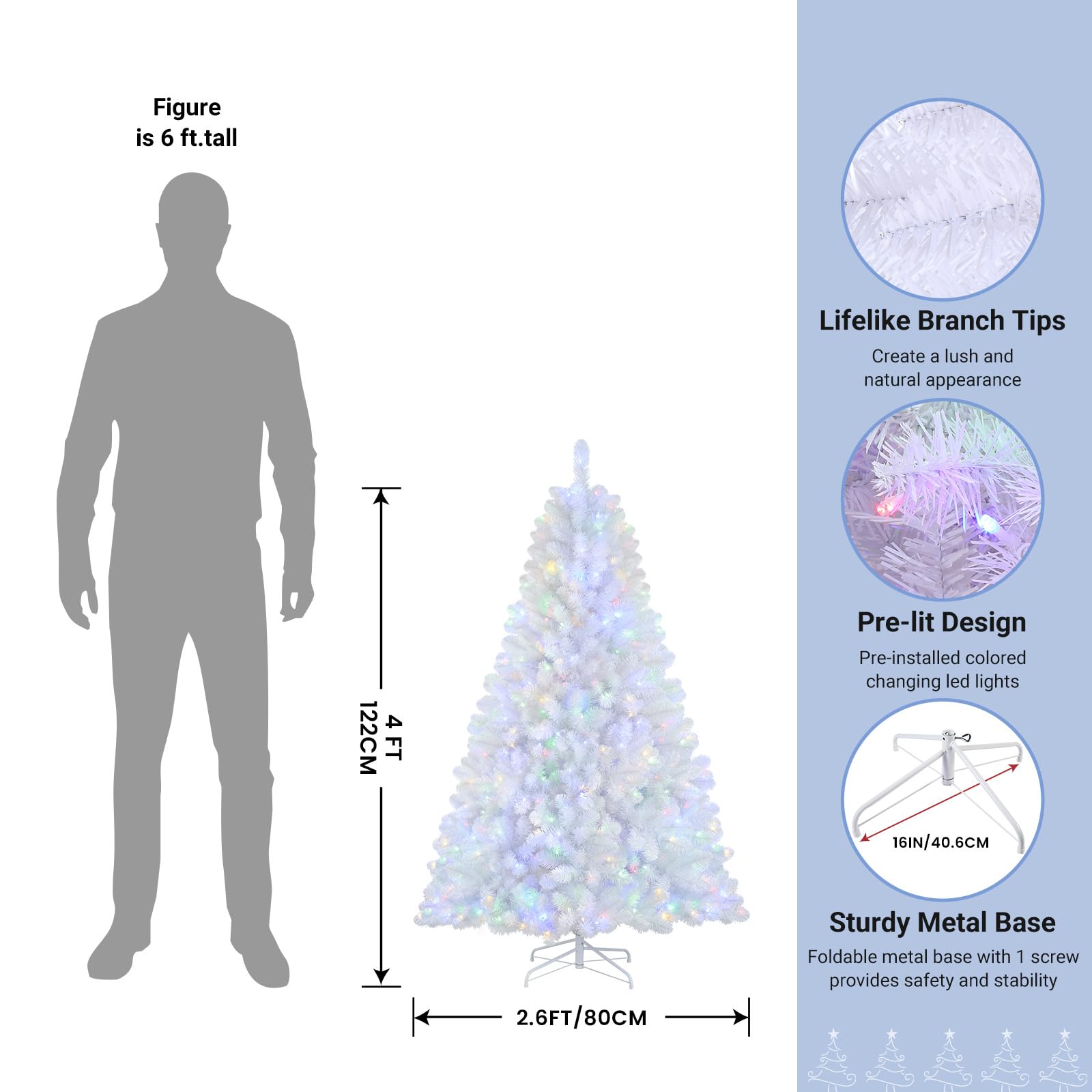 SHareconn 4ft Prelit Premium Artificial Hinged Christmas Tree with Remote Control,Timer,and 170 Warm White & Color LED Changing Lights,414 Branch Tips,Perfect Choice for Xmas Decoration,4 FT,White - SHareconn