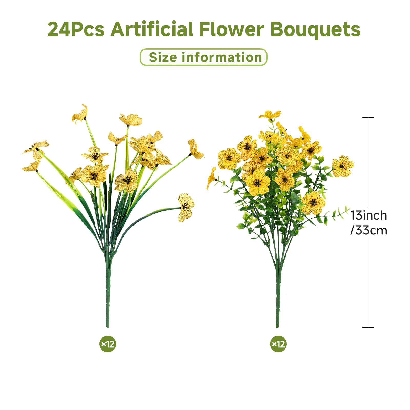 24 Bundles Artificial Flowers for Outdoors Decoration, UV Resistant Silk Violet Faux Colorful Daisy Eucalyptus, Yellow