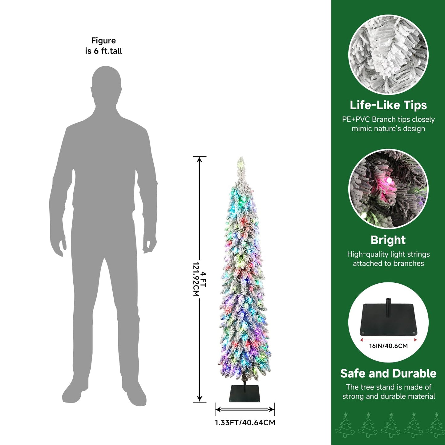 4FT Pre-Lit Snow Flocked Pencil Christmas Tree with Remote Controlled Multi-Color RGB Lights