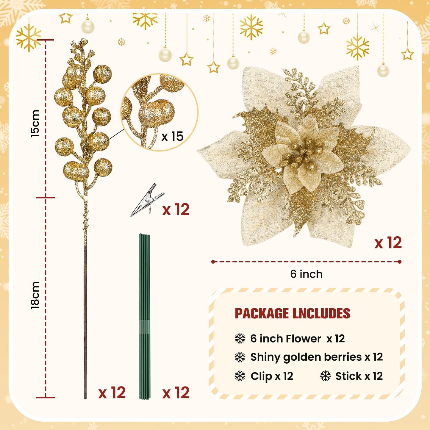 24 Pcs Christmas Wreath Decoration 12pcs Pink Artificial Christmas Flower+12pcs Holly Berry Stem Gold - SHareconn
