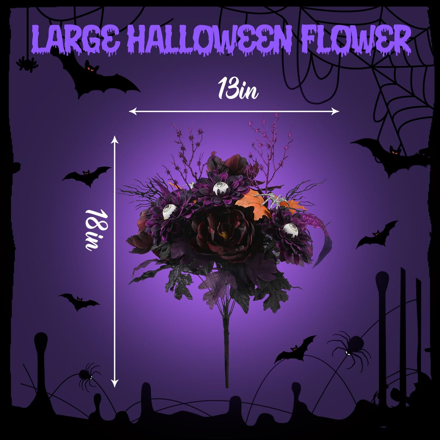 2 pcs Large Artificial Halloween Purple Fake Flower with Glitter Spider&Eyeball - SHareconn