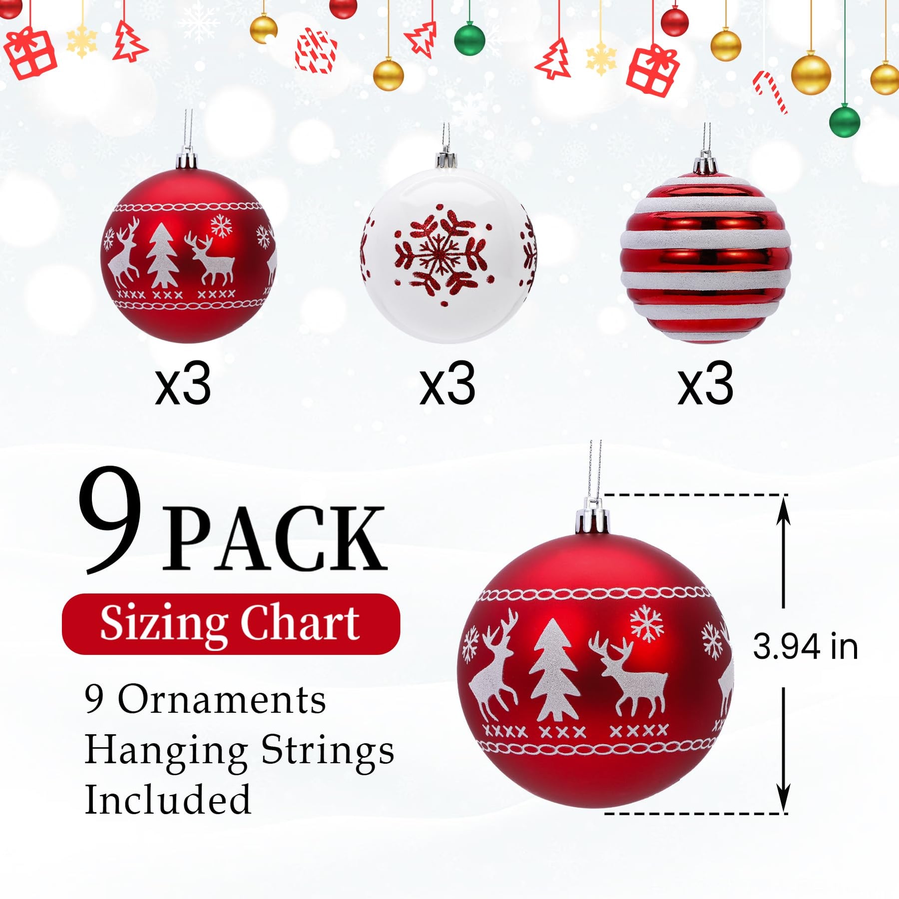 9ct 3.94 Inch Red & White Christmas Tree Balls Ornaments