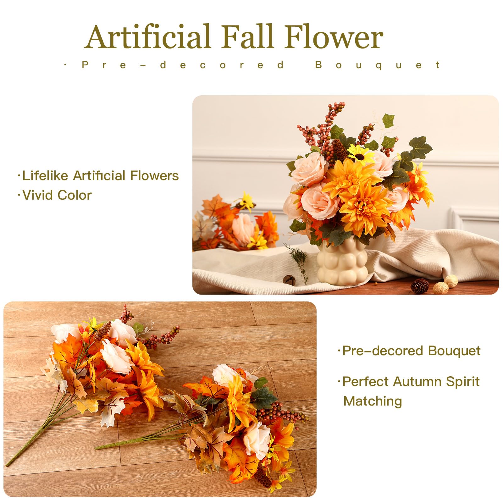 2Pcs Artificial Fall Thanksgiving 7inch Autumn Faux Bouquet Flowers (Yelow&Orange) - SHareconn
