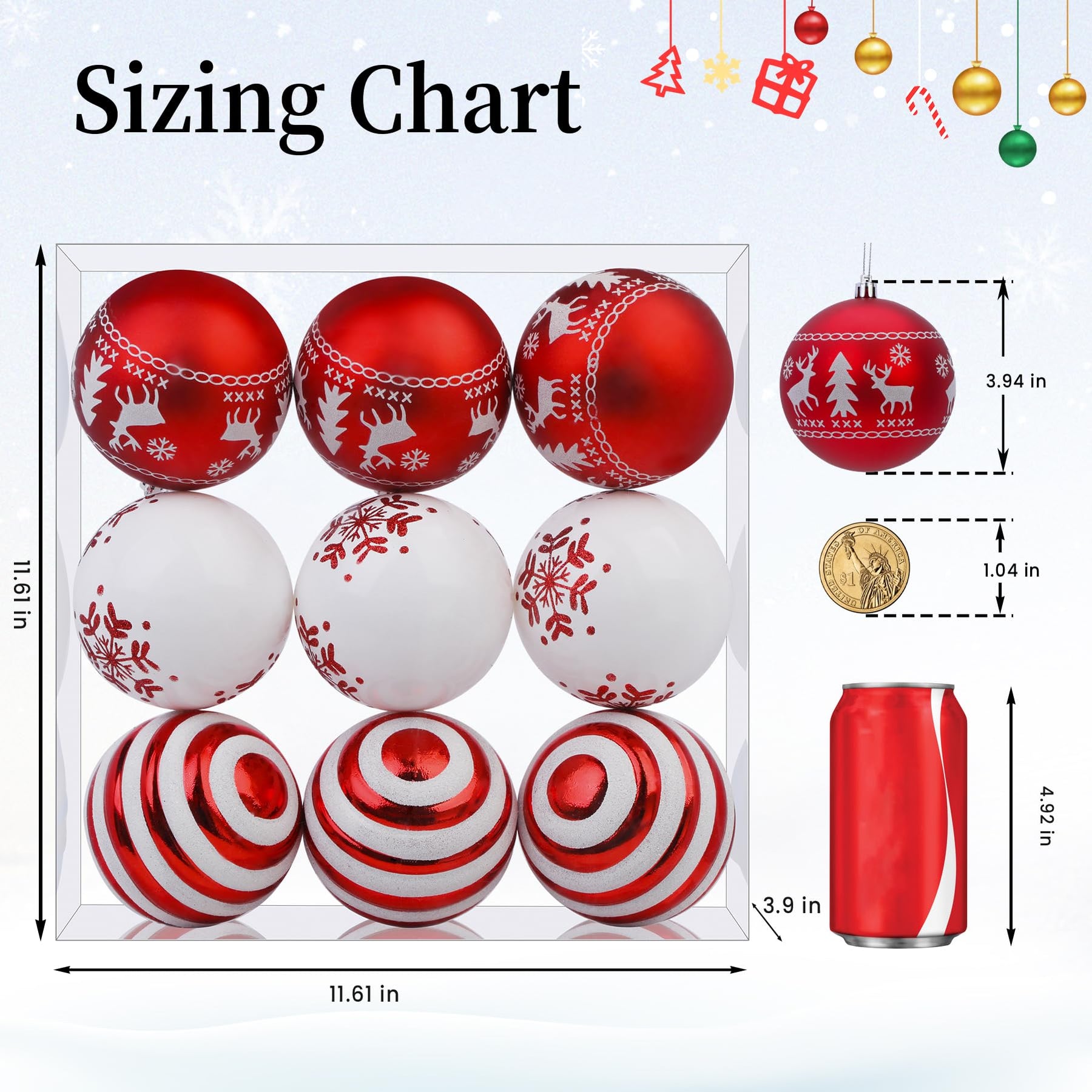 9ct 3.94 Inch Red & White Christmas Tree Balls Ornaments