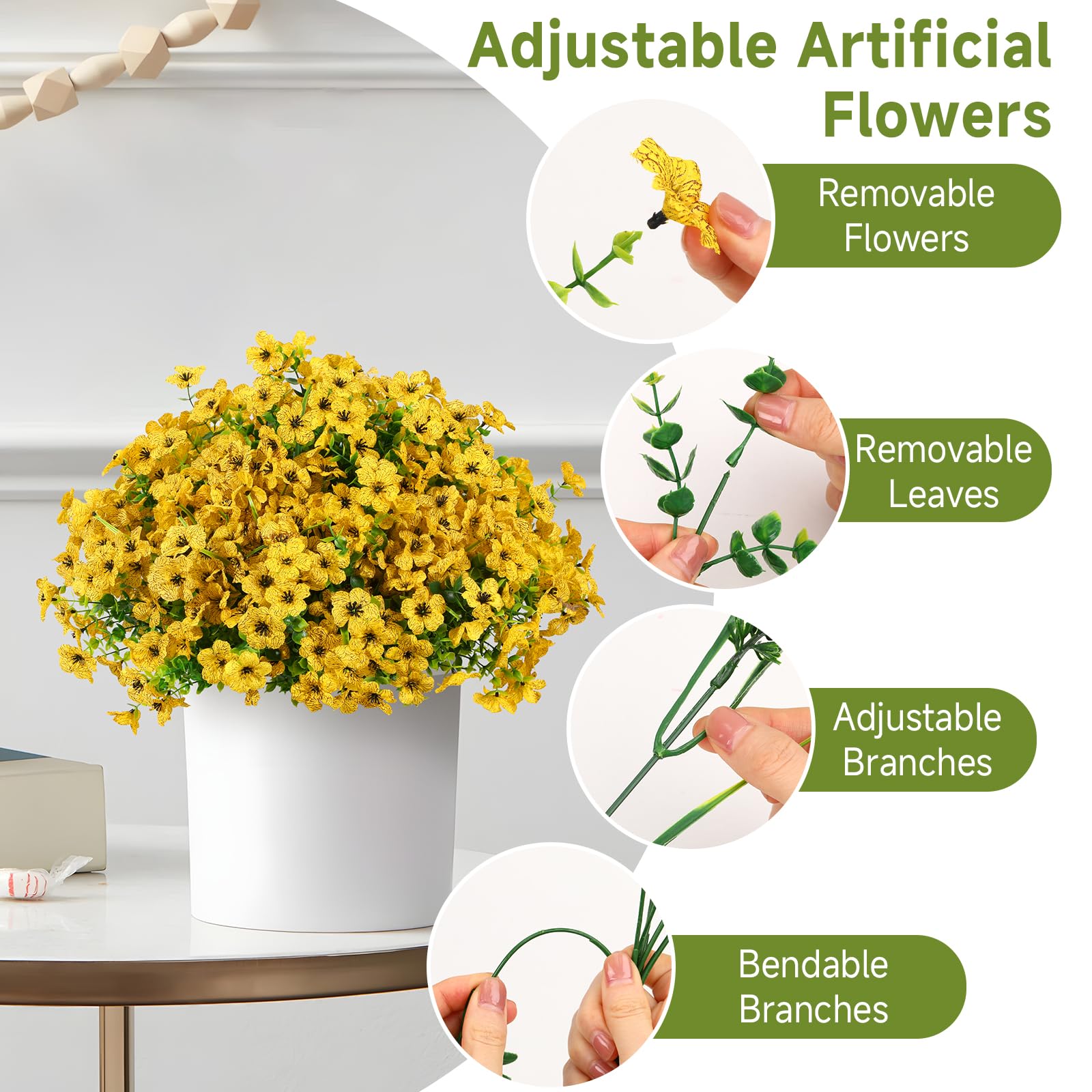 24 Bundles Artificial Flowers for Outdoors Decoration, UV Resistant Silk Violet Faux Colorful Daisy Eucalyptus, Yellow