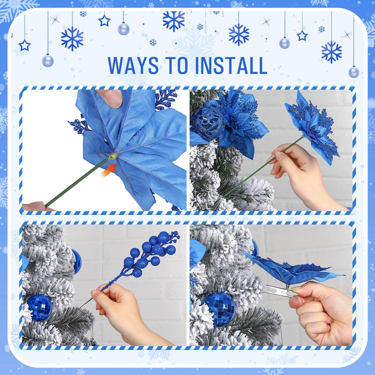 24 Pcs Blue Boxed 12Pcs Poinsettias Artificial Christmas Flowers+12Pcs Holly Berry Stems for Christmas Tree Decor