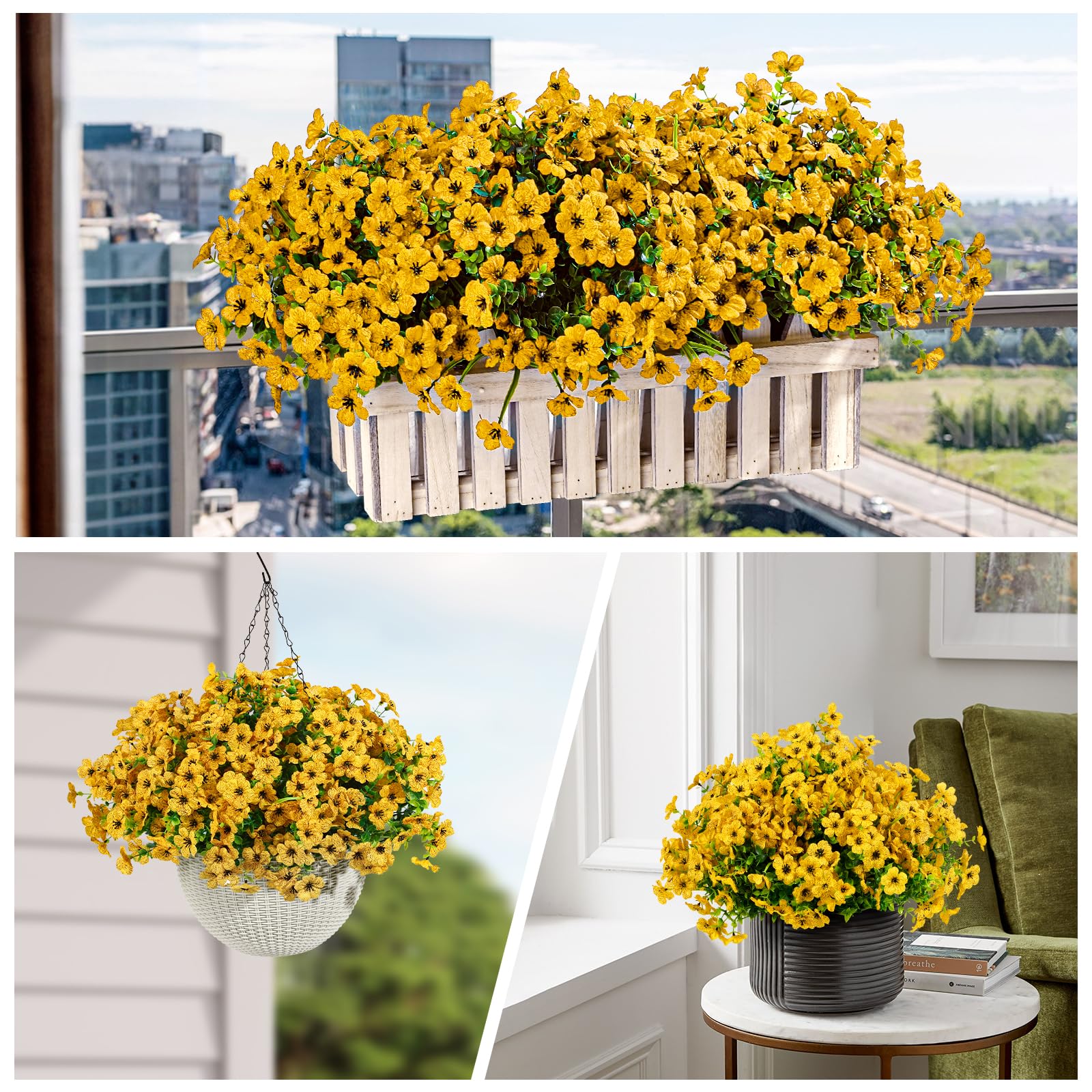 24 Bundles Artificial Flowers for Outdoors Decoration, UV Resistant Silk Violet Faux Colorful Daisy Eucalyptus, Yellow
