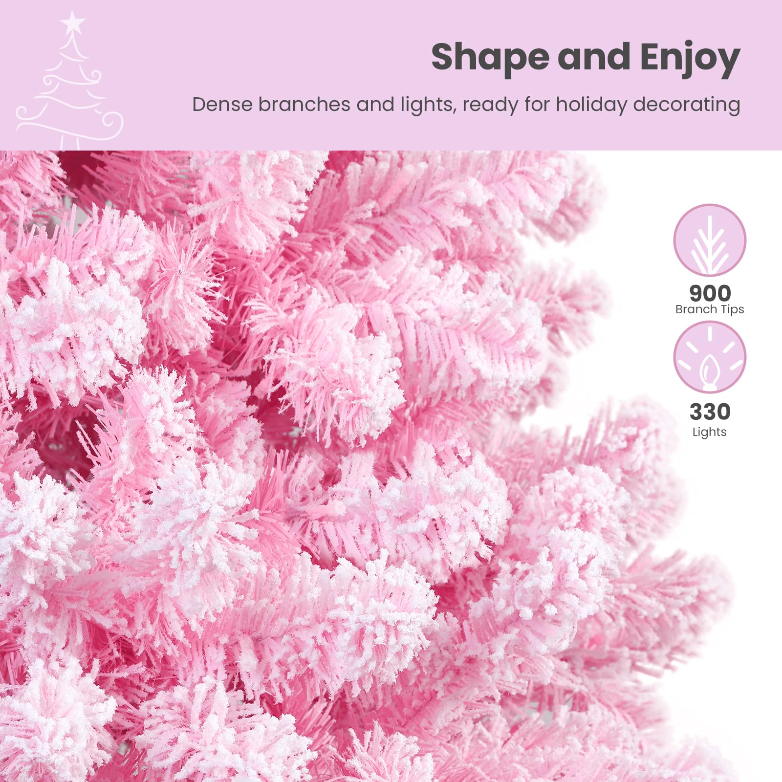 SHareconn 6ft Prelit Snow Flocked Artificial Holiday Christmas Tree with Remote (Upgraded), 330 Pre-Lit Multi-Color RGB Lights, Full Snow Branch Tips for Home, Office, Party Decoration, 6 FT, Pink - SHareconn