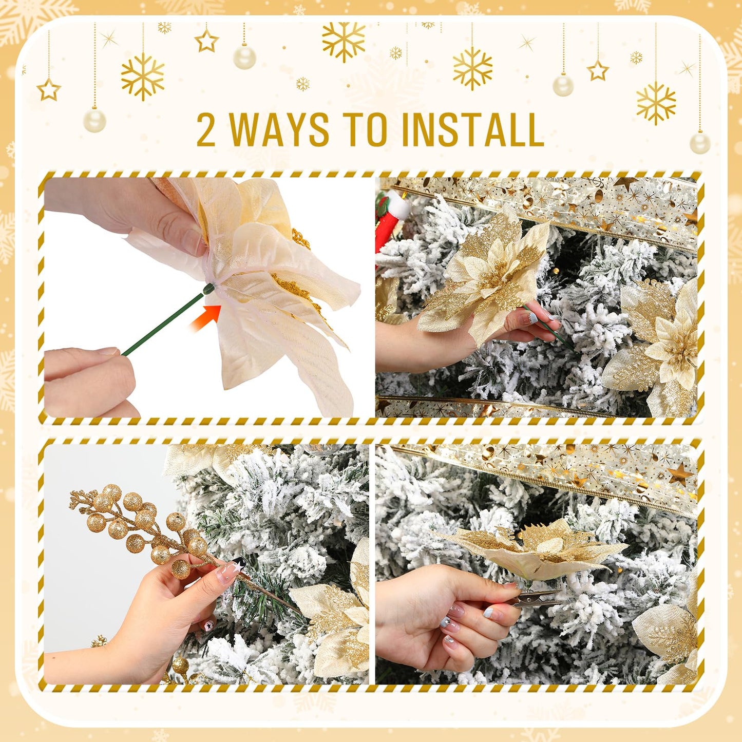 24 Pcs Christmas Wreath Decoration 12pcs Pink Artificial Christmas Flower+12pcs Holly Berry Stem Gold - SHareconn