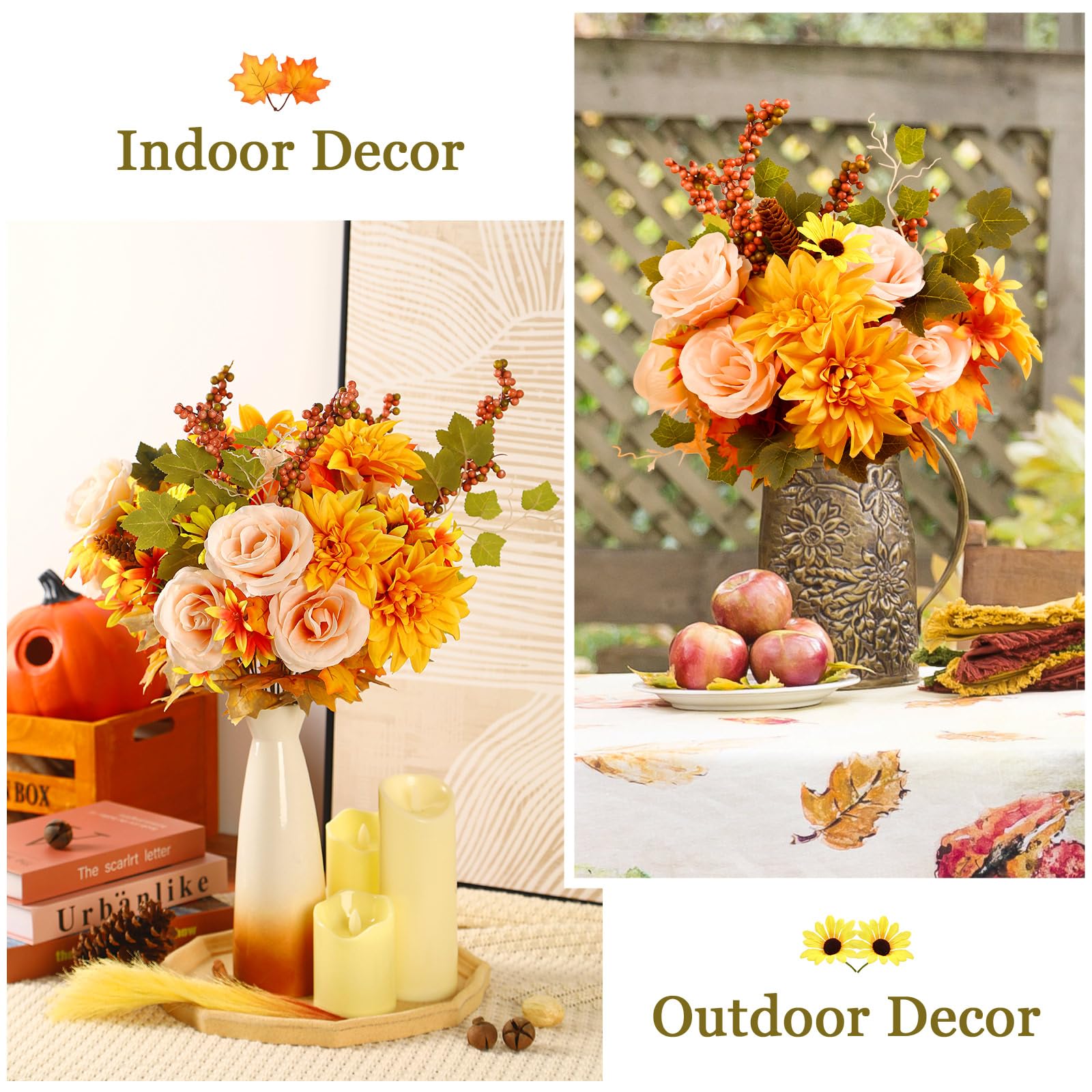 2Pcs Artificial Fall Thanksgiving 7inch Autumn Faux Bouquet Flowers (Yelow&Orange) - SHareconn