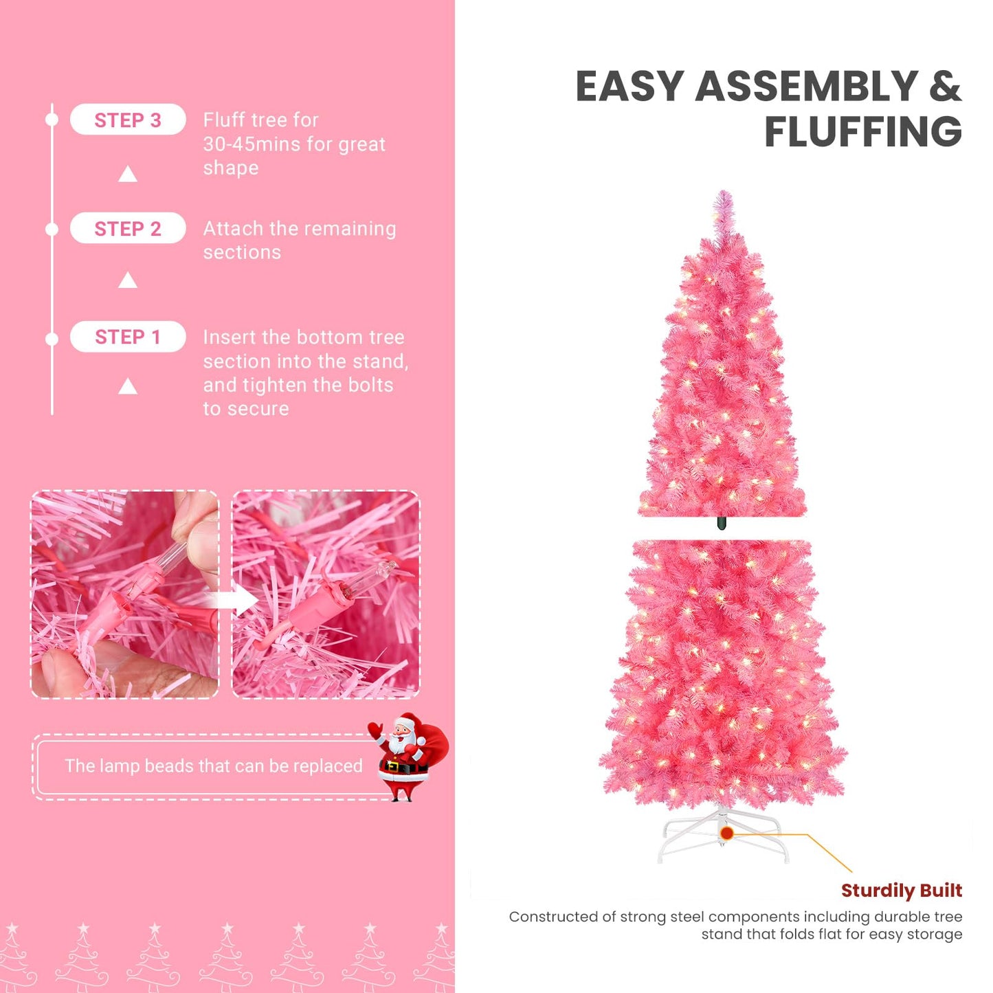 Hareconn 4ft Prelit Artificial Hinged Slim Pencil Christmas Tree with Warm White Lights, Full Branch Tips, Perfect Choice Decoration for Xmas Holiday, 4 FT, Pink - SHareconn
