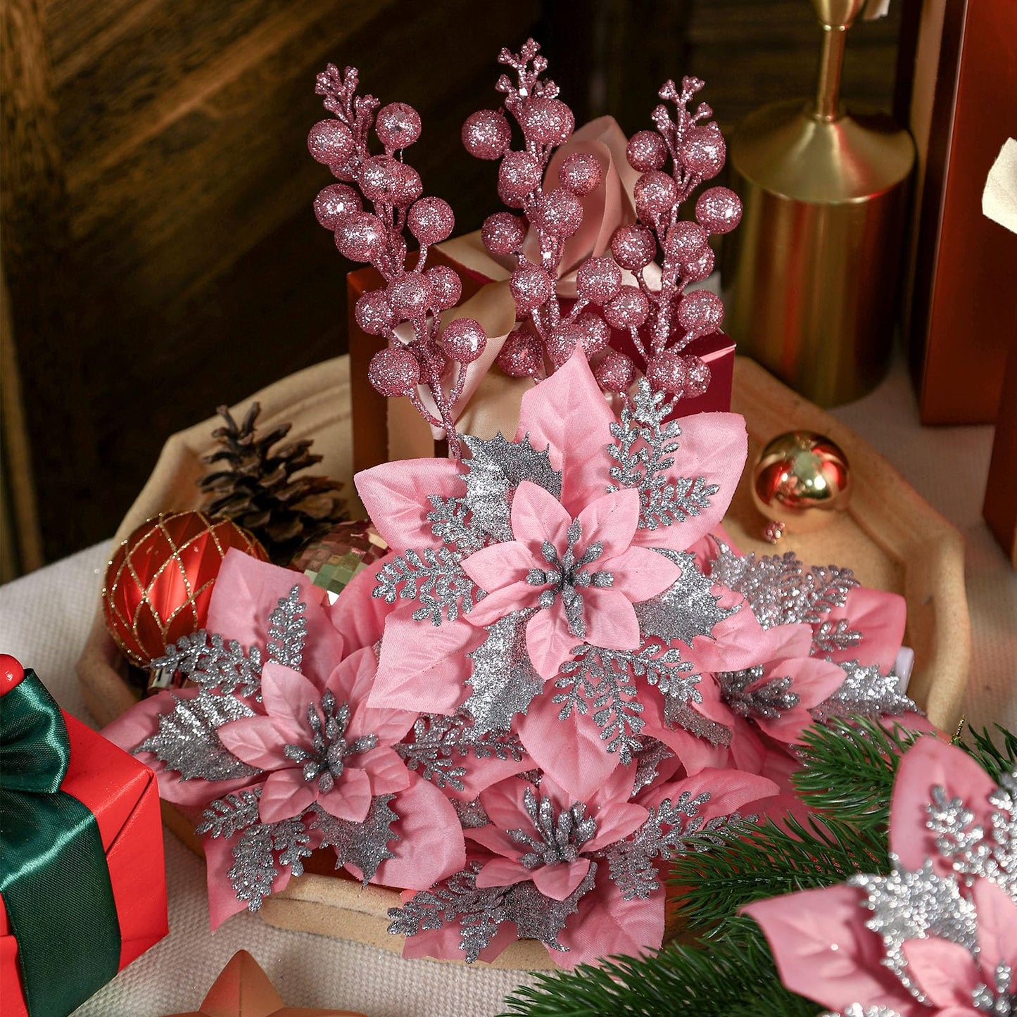 24 Pcs Pink & Silver Boxed 12Pcs Poinsettias Artificial Christmas Flowers+12Pcs Holly Berry Stems for Christmas Tree Decor