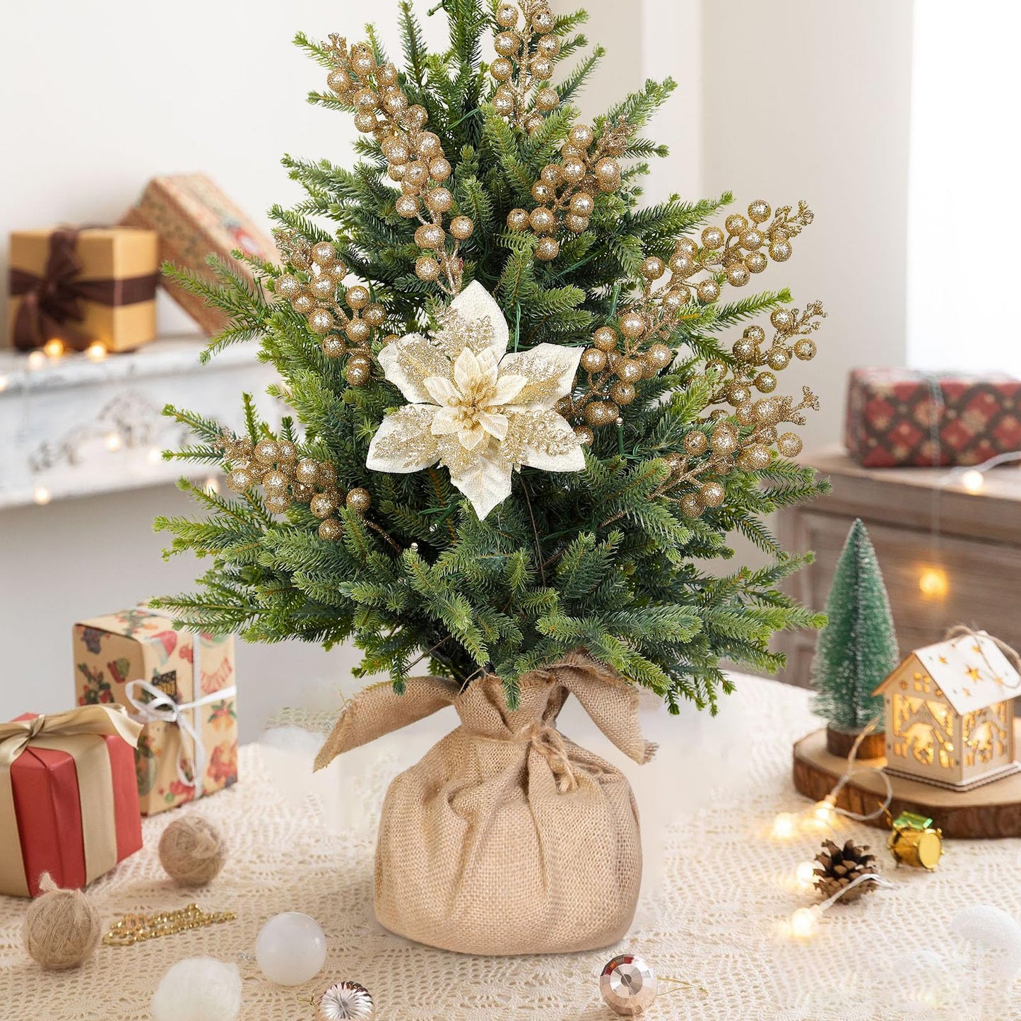 24 Pcs Christmas Wreath Decoration 12pcs Pink Artificial Christmas Flower+12pcs Holly Berry Stem Gold - SHareconn