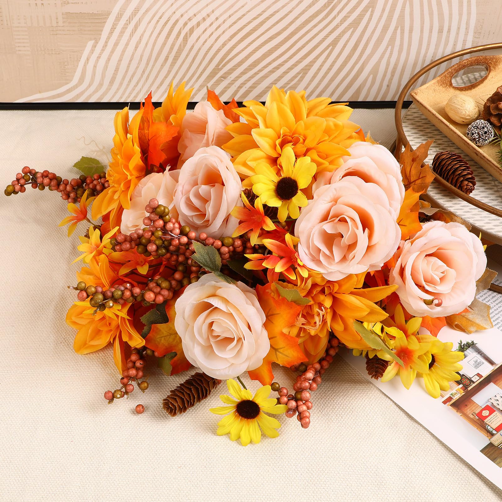 2Pcs Artificial Fall Thanksgiving 7inch Autumn Faux Bouquet Flowers (Yelow&Orange) - SHareconn
