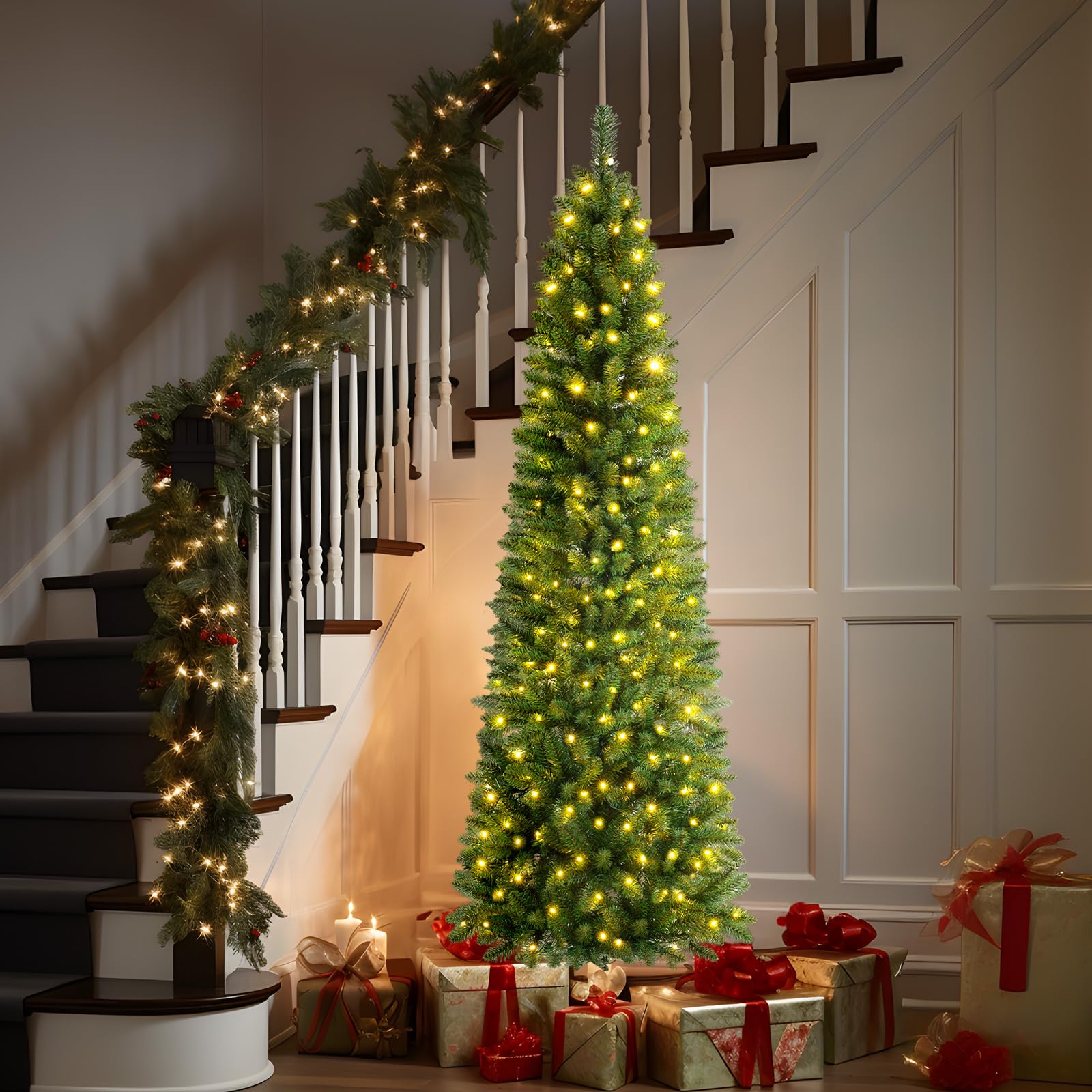 SHareconn 7ft Prelit Artificial Hinged Slim Pencil Christmas Tree, Pre-Lit 270 Warm White & Multi-Color Lights with Remote Control, Full Branch Tips, First Choice Decorations for X-mas, 7 FT,Green - SHareconn