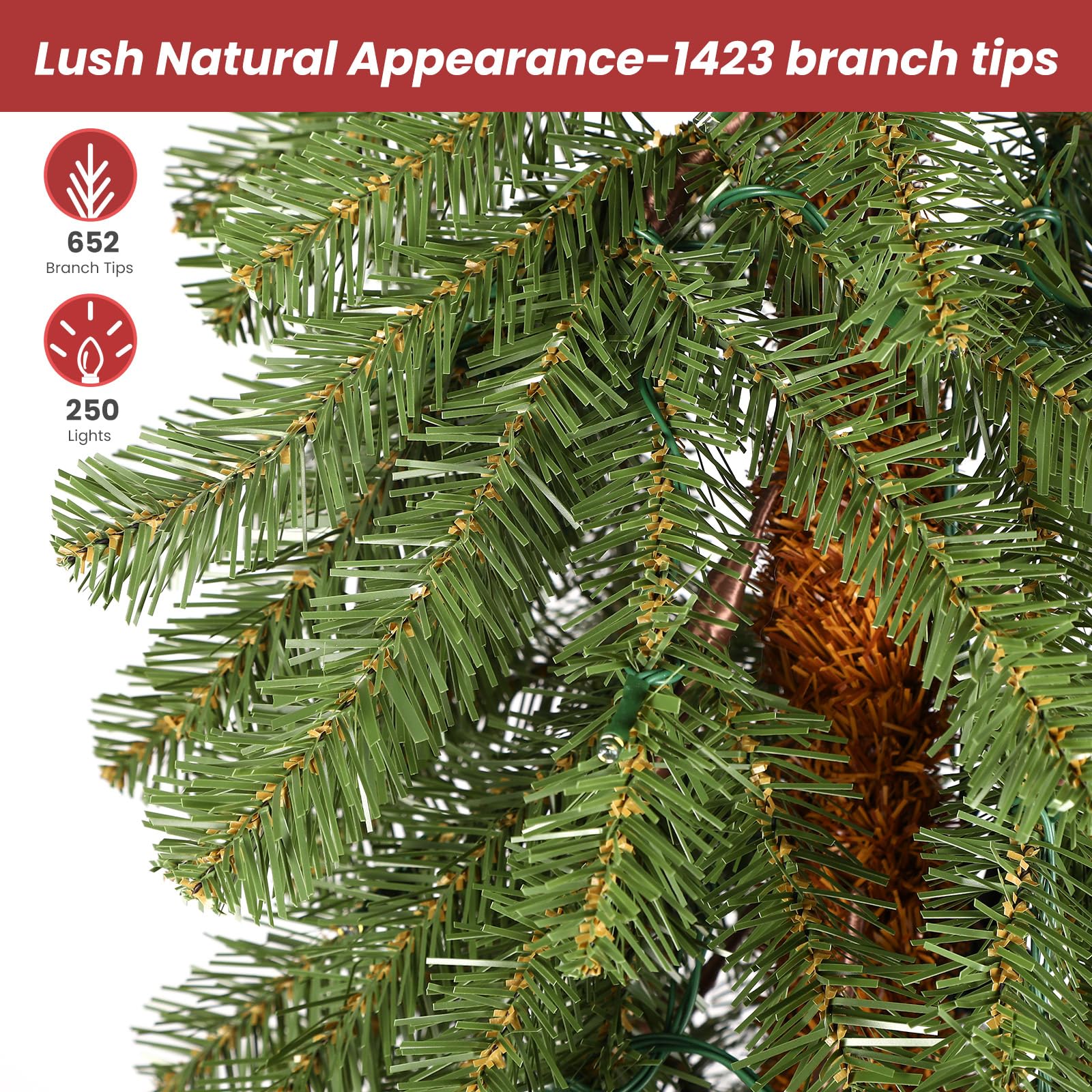 7.5ft Prelit Artificial Wooden Pole Pencil Christmas Tree with Remote, Pre-Lit 250 Warm White & Multi-Color Lights, 652 Branch Tips, Skinny Tree for Xmas Holiday Decoration, 7.5 FT - SHareconn