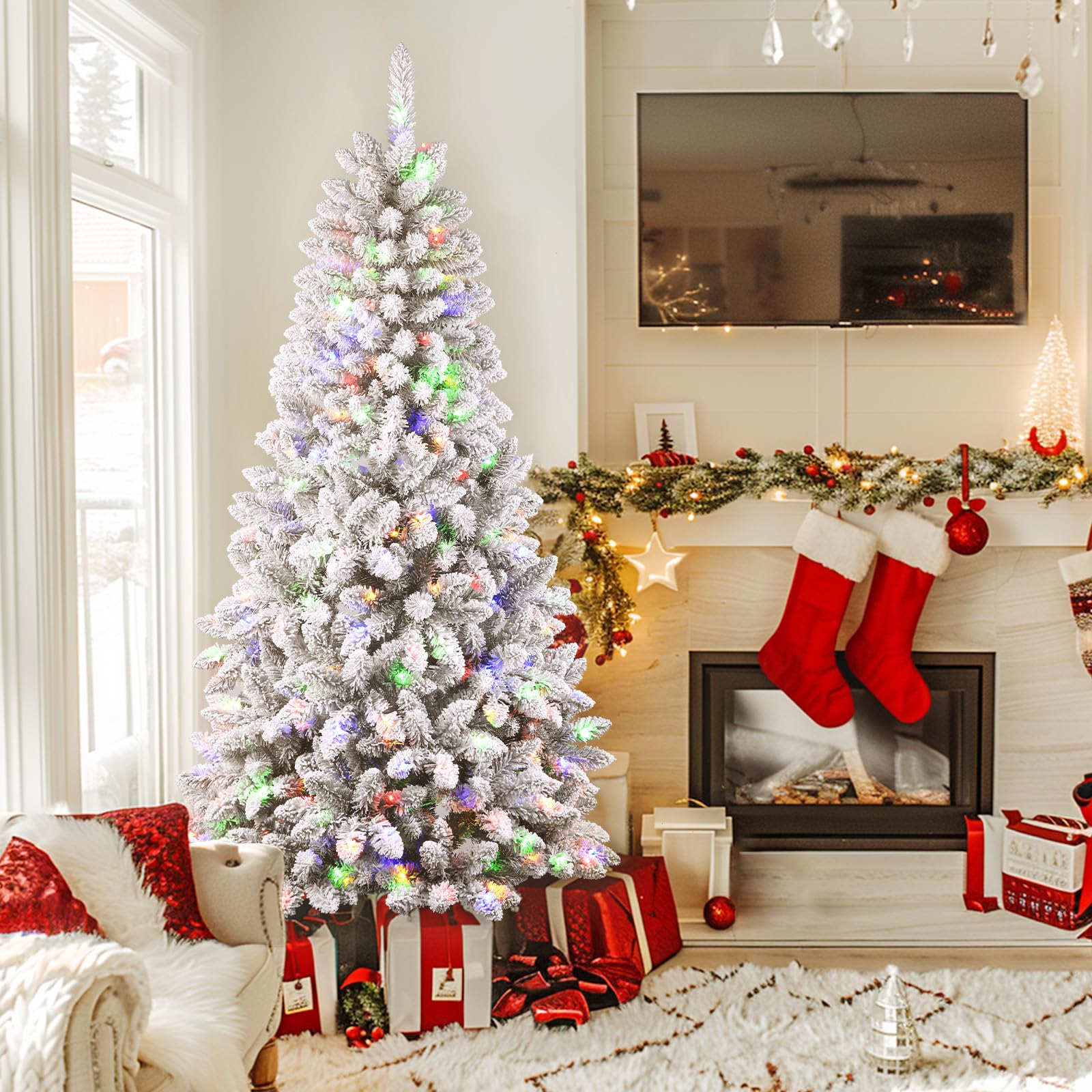 4ft Half Multi-Colored LED Changing Lights Prelit Snow Flocked Artificial Christmas Tree with Remote Control
