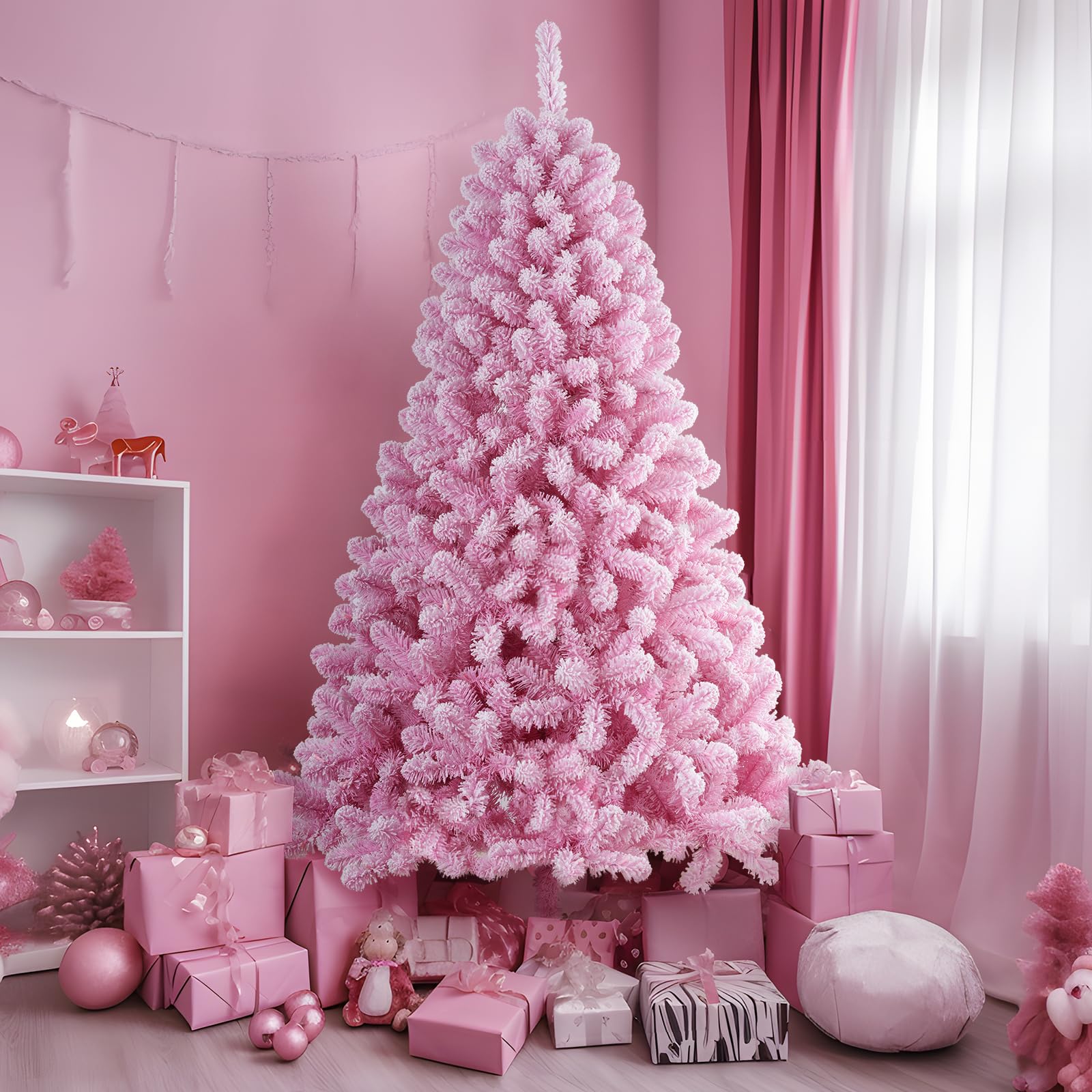 SHareconn 6ft Prelit Snow Flocked Artificial Holiday Christmas Tree with Remote (Upgraded), 330 Pre-Lit Multi-Color RGB Lights, Full Snow Branch Tips for Home, Office, Party Decoration, 6 FT, Pink - SHareconn