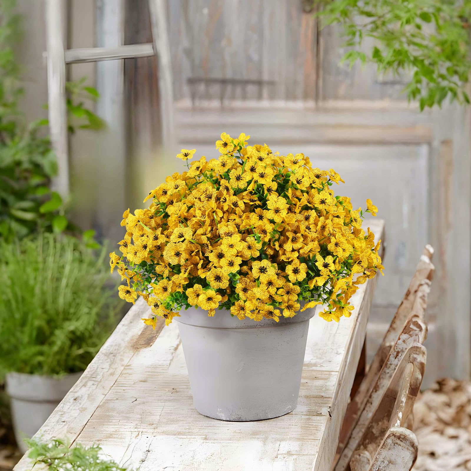 24 Bundles Artificial Flowers for Outdoors Decoration, UV Resistant Silk Violet Faux Colorful Daisy Eucalyptus, Yellow