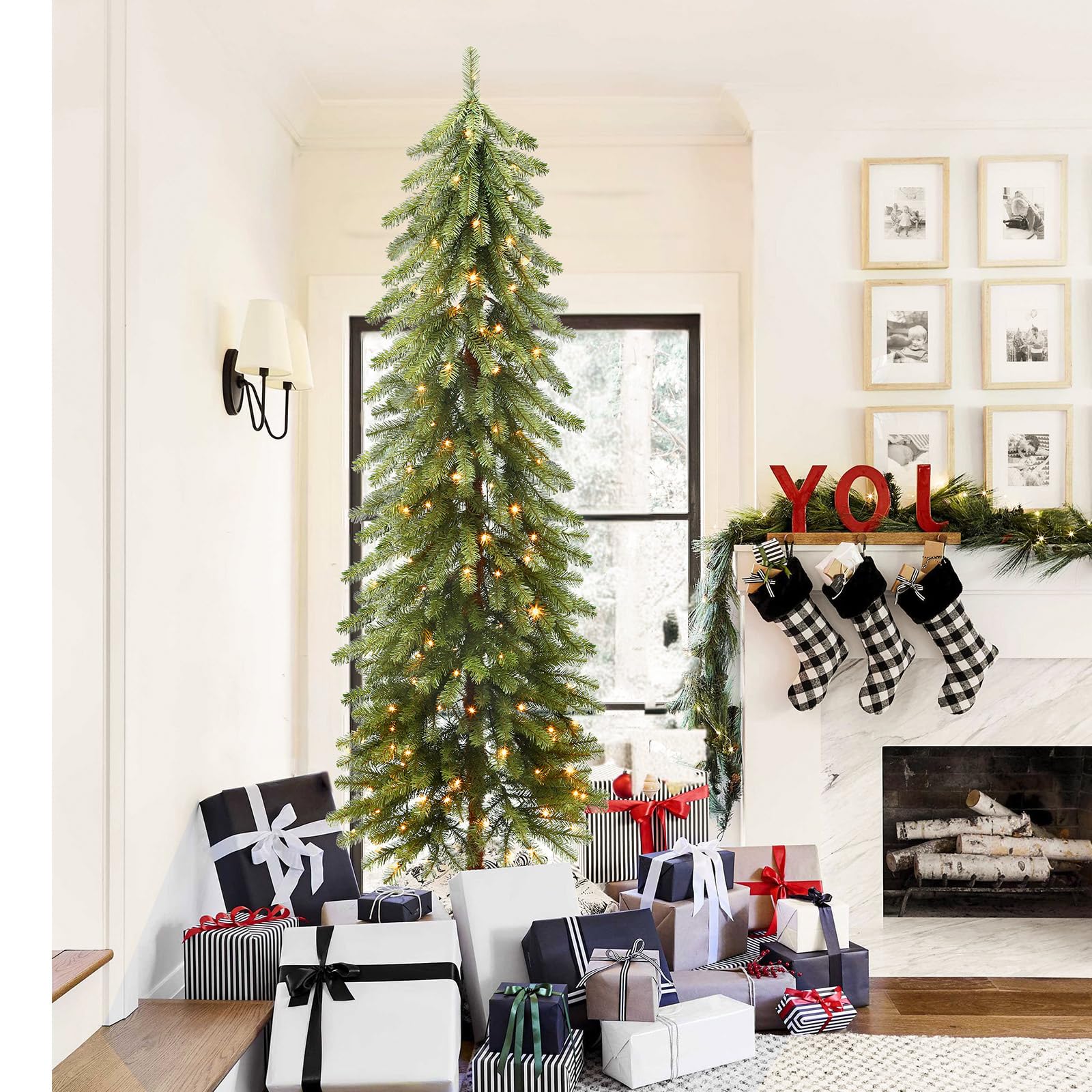 7.5ft Prelit Artificial Wooden Pole Pencil Christmas Tree with Remote, Pre-Lit 250 Warm White & Multi-Color Lights, 652 Branch Tips, Skinny Tree for Xmas Holiday Decoration, 7.5 FT - SHareconn