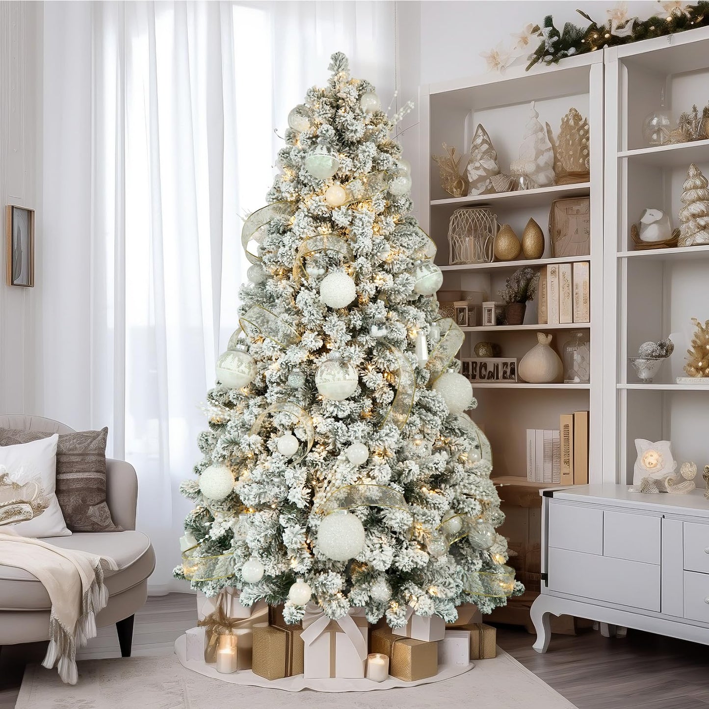 6ft Prelit Warm White Lights Snow Flocked Artificial Holiday Christmas Tree