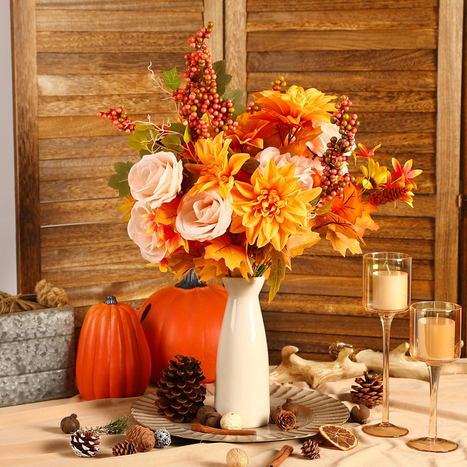 2Pcs Artificial Fall Thanksgiving 7inch Autumn Faux Bouquet Flowers (Yelow&Orange) - SHareconn