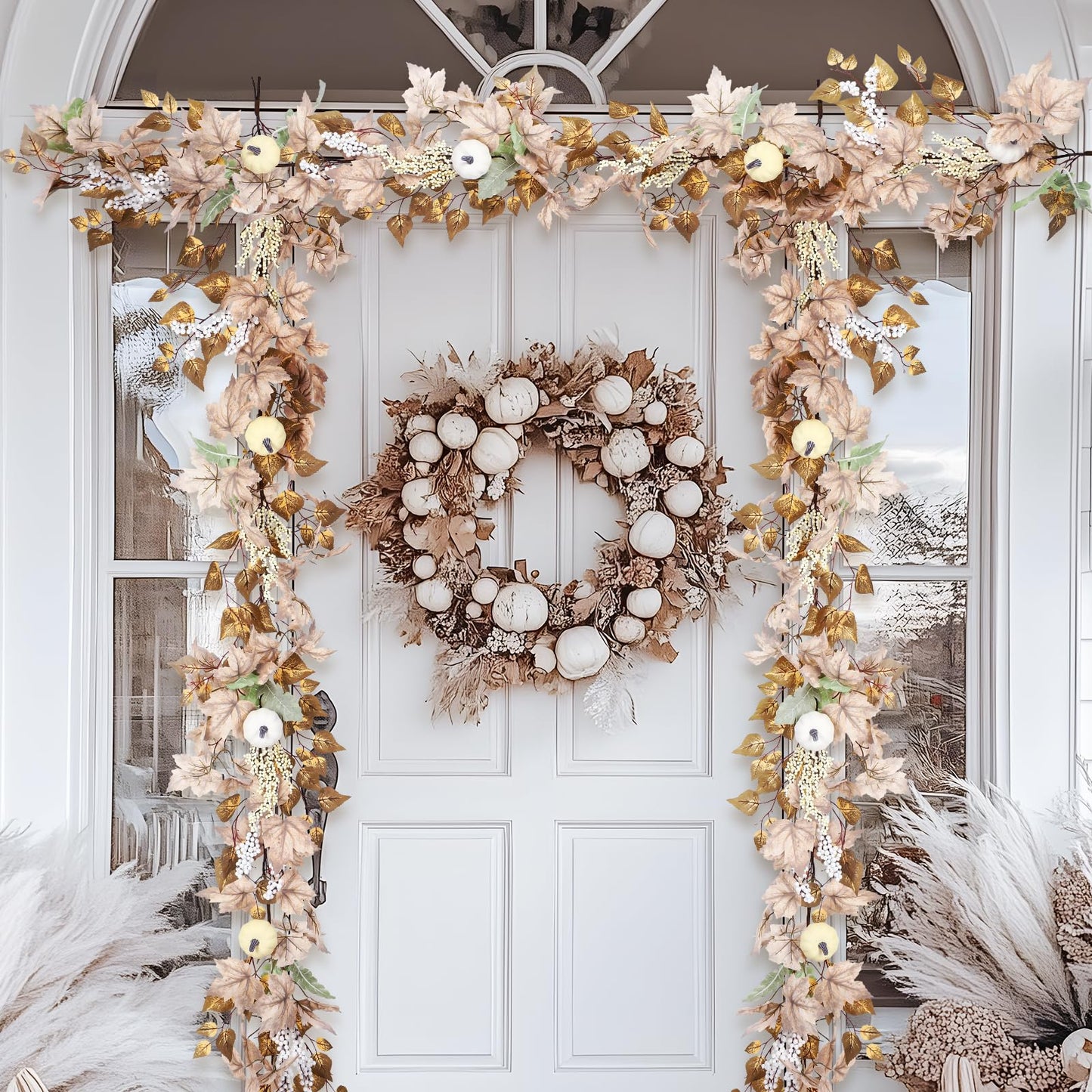 6FT Fall Garland Decor White Pumpkin & Maple Leaves Garland(White) - SHareconn