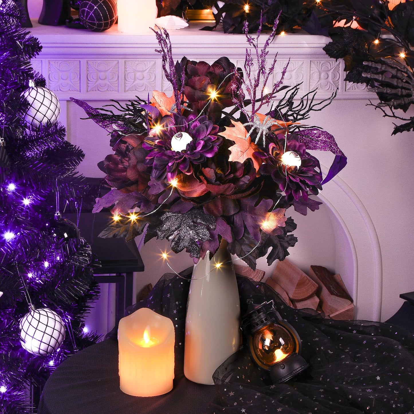 2 pcs Large Artificial Halloween Purple Fake Flower with Glitter Spider&Eyeball - SHareconn