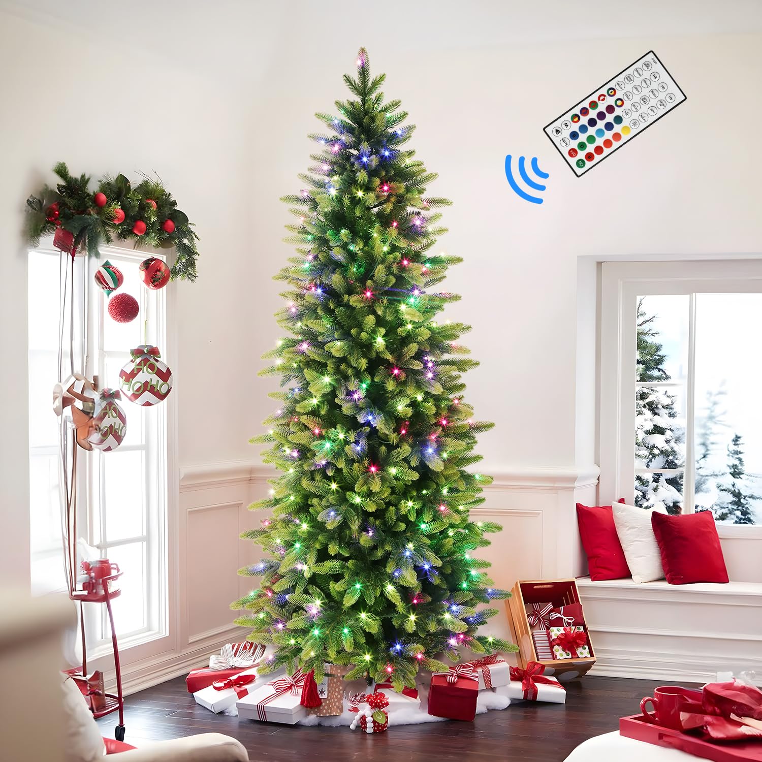 7.5ft Prelit Artificial Hinged Christmas Tree with Remote Control, 360 Pre-Lit Multi-Color RGB Lights and 1959 PE & PVC Branch Tips, Perfect Choice for Xmas Decoration, 7.5 FT - SHareconn