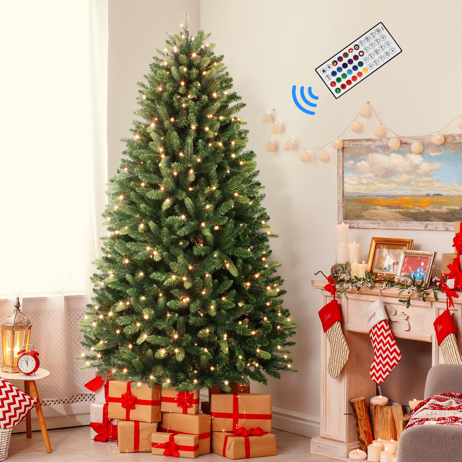 7ft Prelit Premium Artificial Hinged Full Christmas Tree with Remote Control, Timer, 400 Pre-Lit New Upgraded Multi-Color RGB Lights, 1423 Branch Tips, Perfect Choice for Xmas Decoration, 7FT - SHareconn