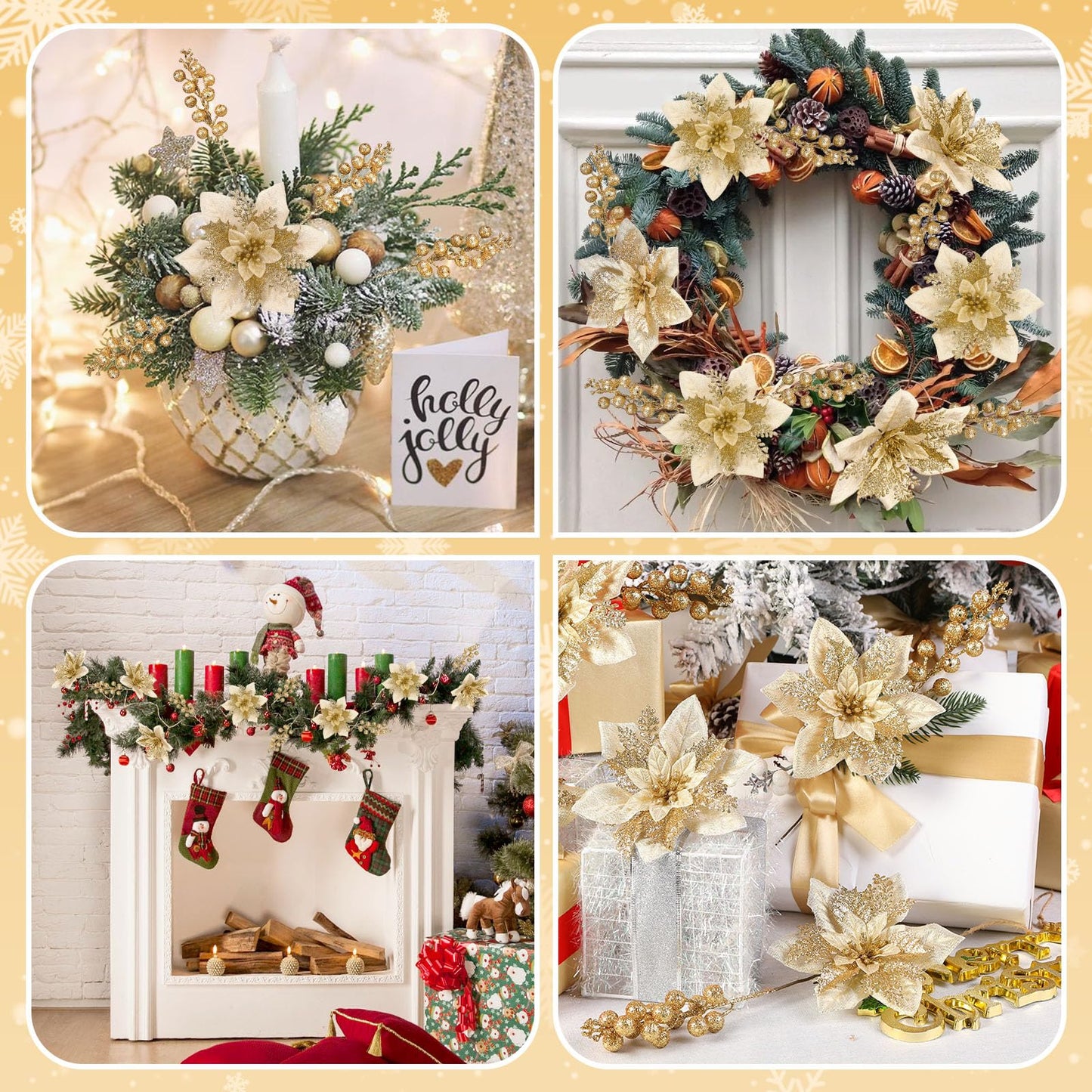 24 Pcs Christmas Wreath Decoration 12pcs Pink Artificial Christmas Flower+12pcs Holly Berry Stem Gold - SHareconn