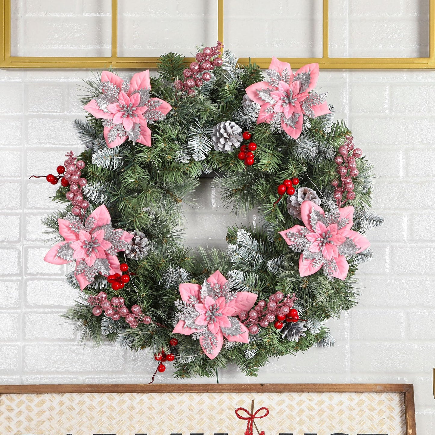 24 Pcs Pink & Silver Boxed 12Pcs Poinsettias Artificial Christmas Flowers+12Pcs Holly Berry Stems for Christmas Tree Decor