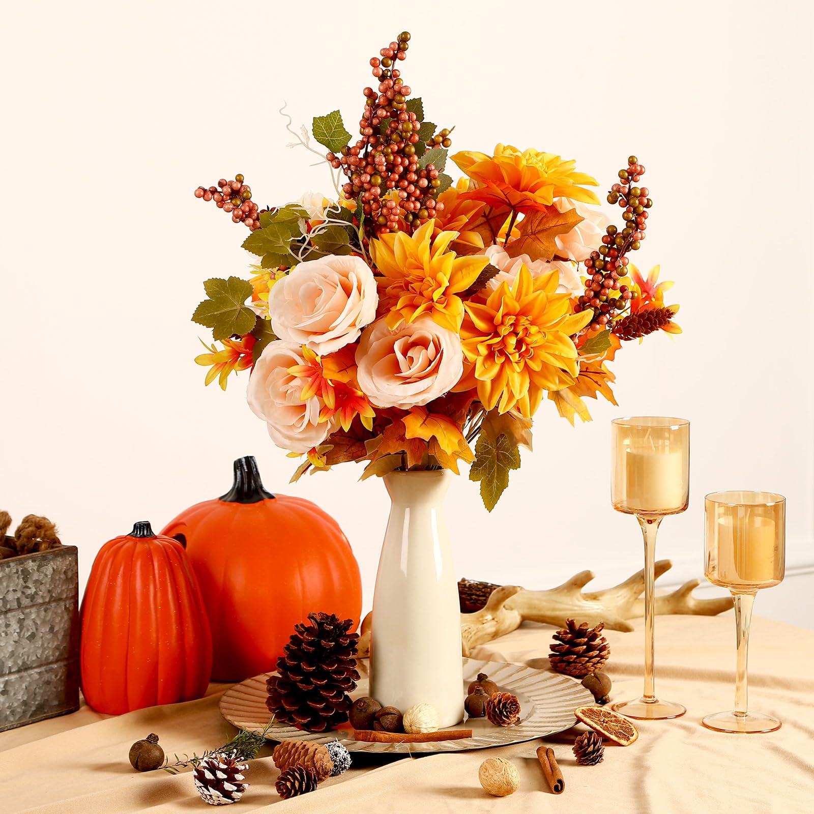 2Pcs Artificial Fall Thanksgiving 7inch Autumn Faux Bouquet Flowers (Yelow&Orange) - SHareconn